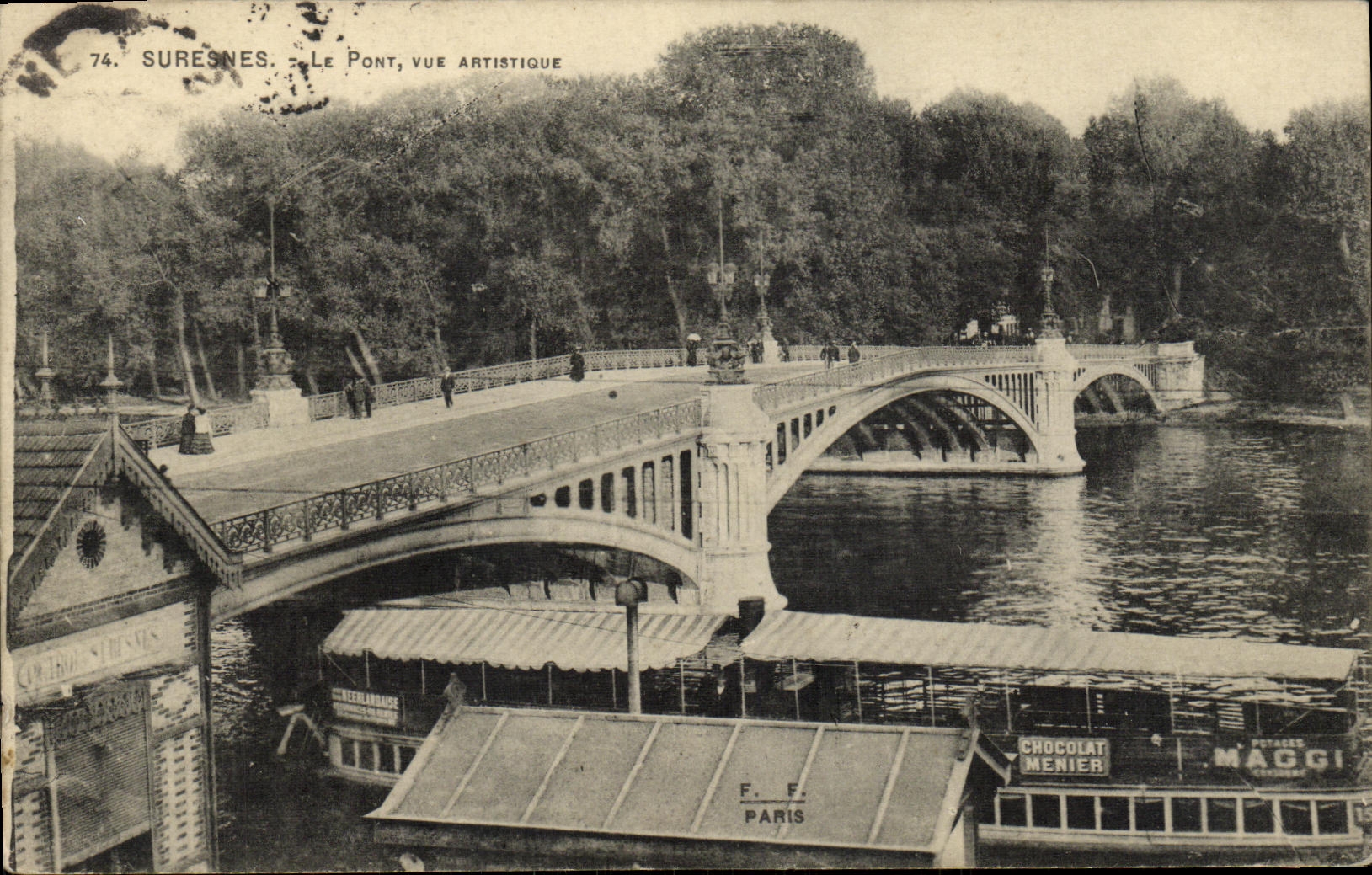 POSTAL Suresnes de la VENDIMIA el chocolate artistico visto puente Menier Maggi de la lancha a remolque