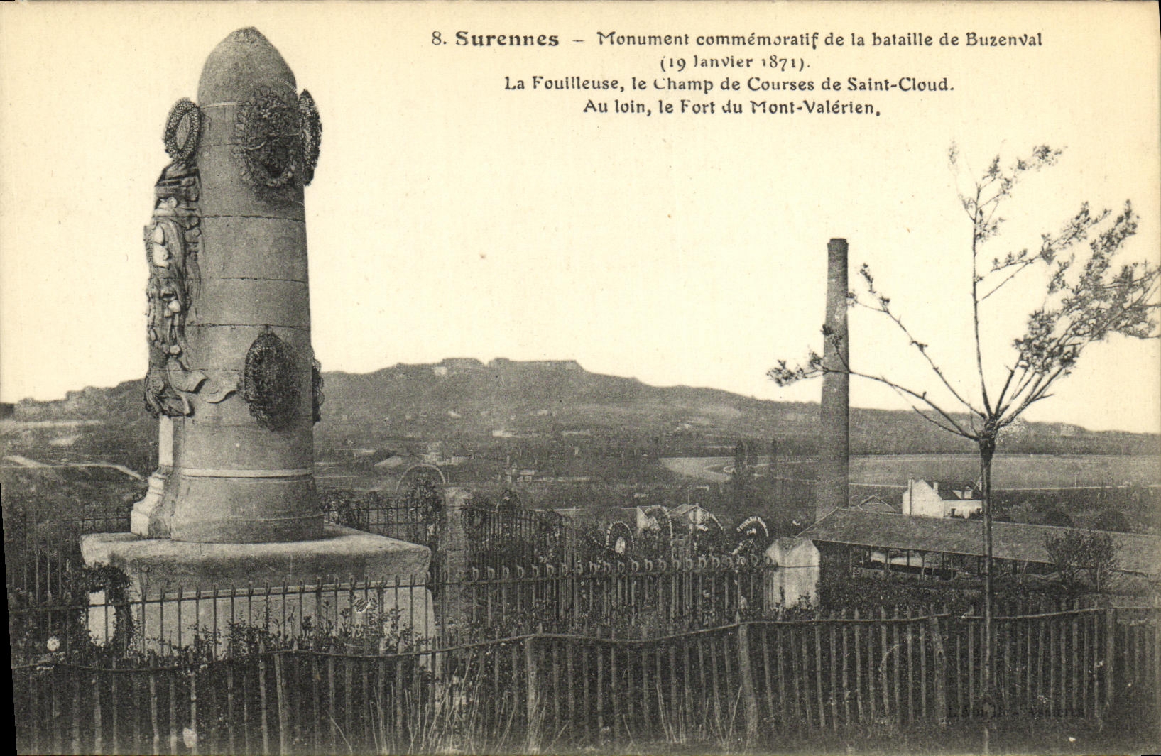 Monumento de Suresnes de la POSTAL de la VENDIMIA de la batalla de Buzenval el excavador el hipodromo de la nube D Saint fuerte