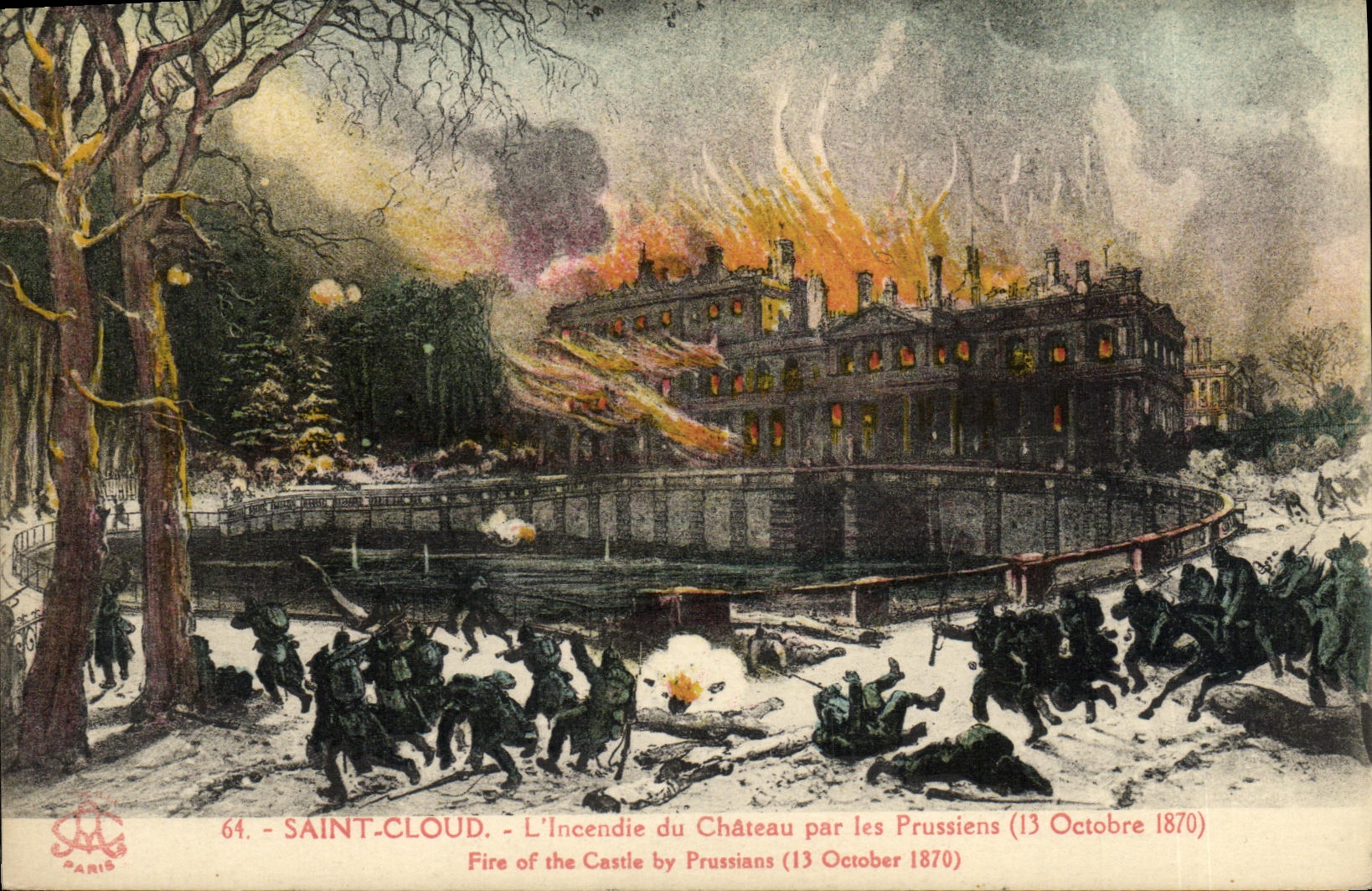 VINTAGE POSTCARD Saint Cloud L sets fire to castle by the Prussians October 13rd  1870