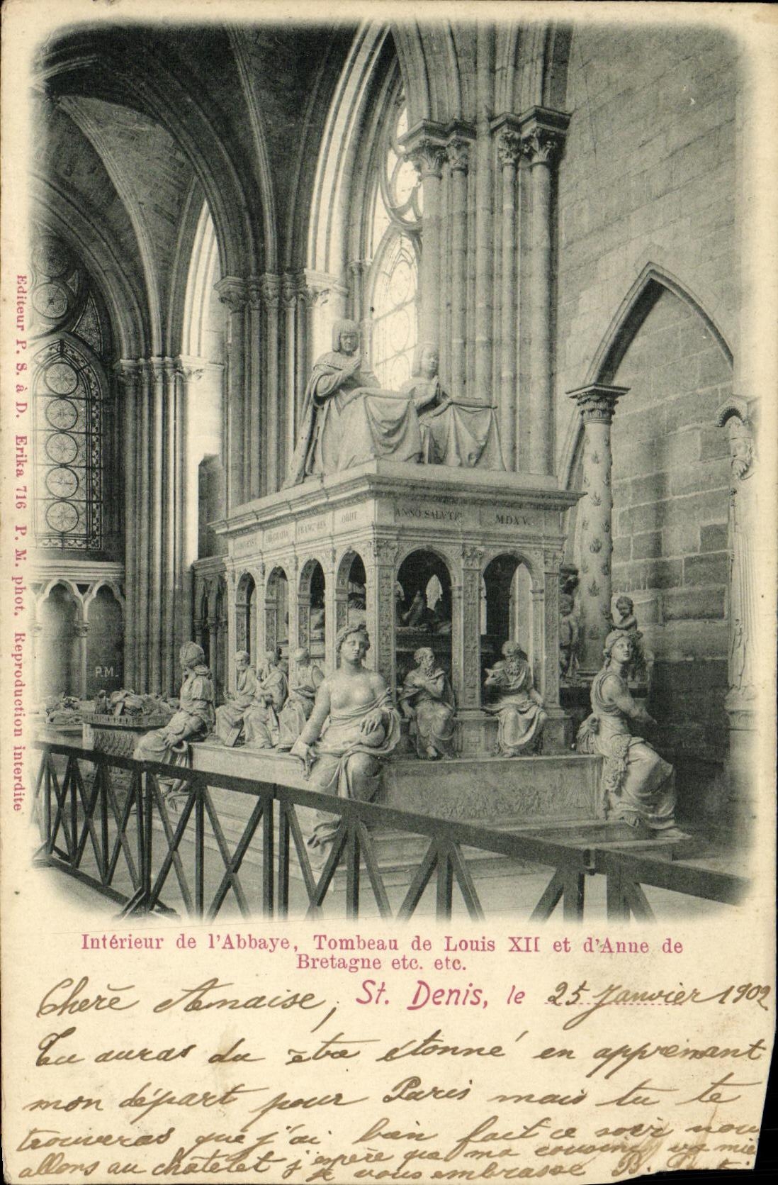 VINTAGE POSTCARD Interior of L Abbey Tomb of Louis and D Anne of Brittany St Denis