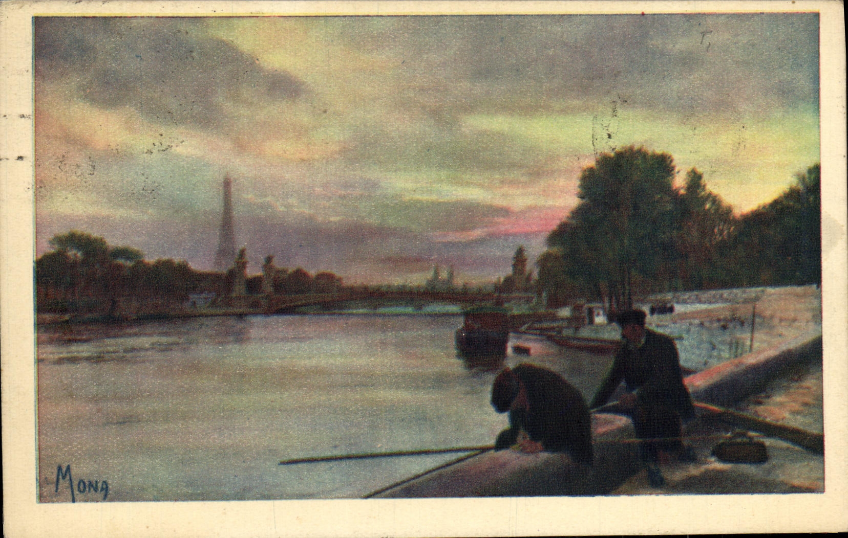 CPA Paris Pecheurs en Seine au coucher de soleil Vue prise du pont de la Concorde