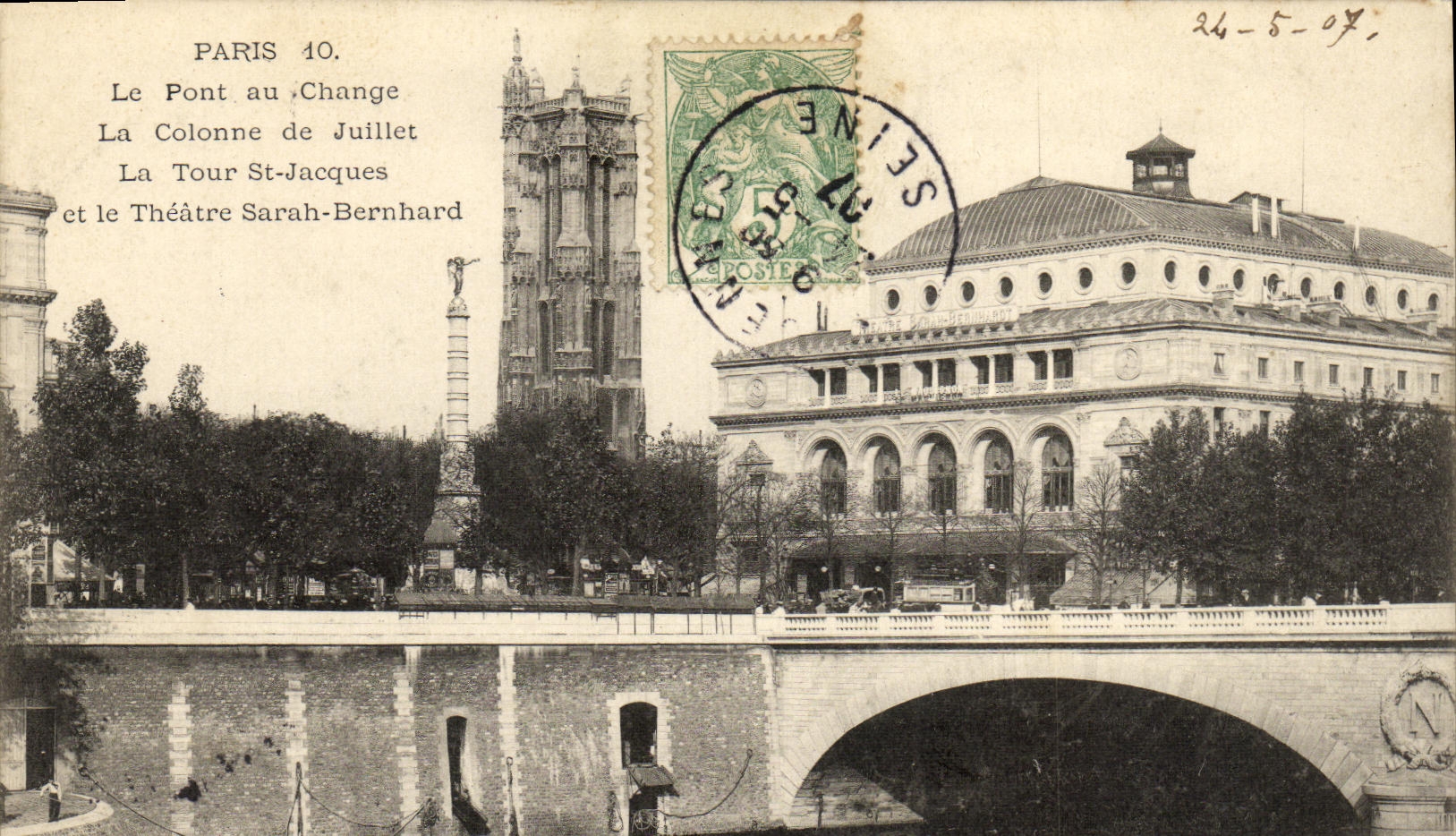 VINTAGE POSTCARD Paris the Bridge with the Exchange the Column of July the tower Holy Jacques and the theater Sarah Bernhardt