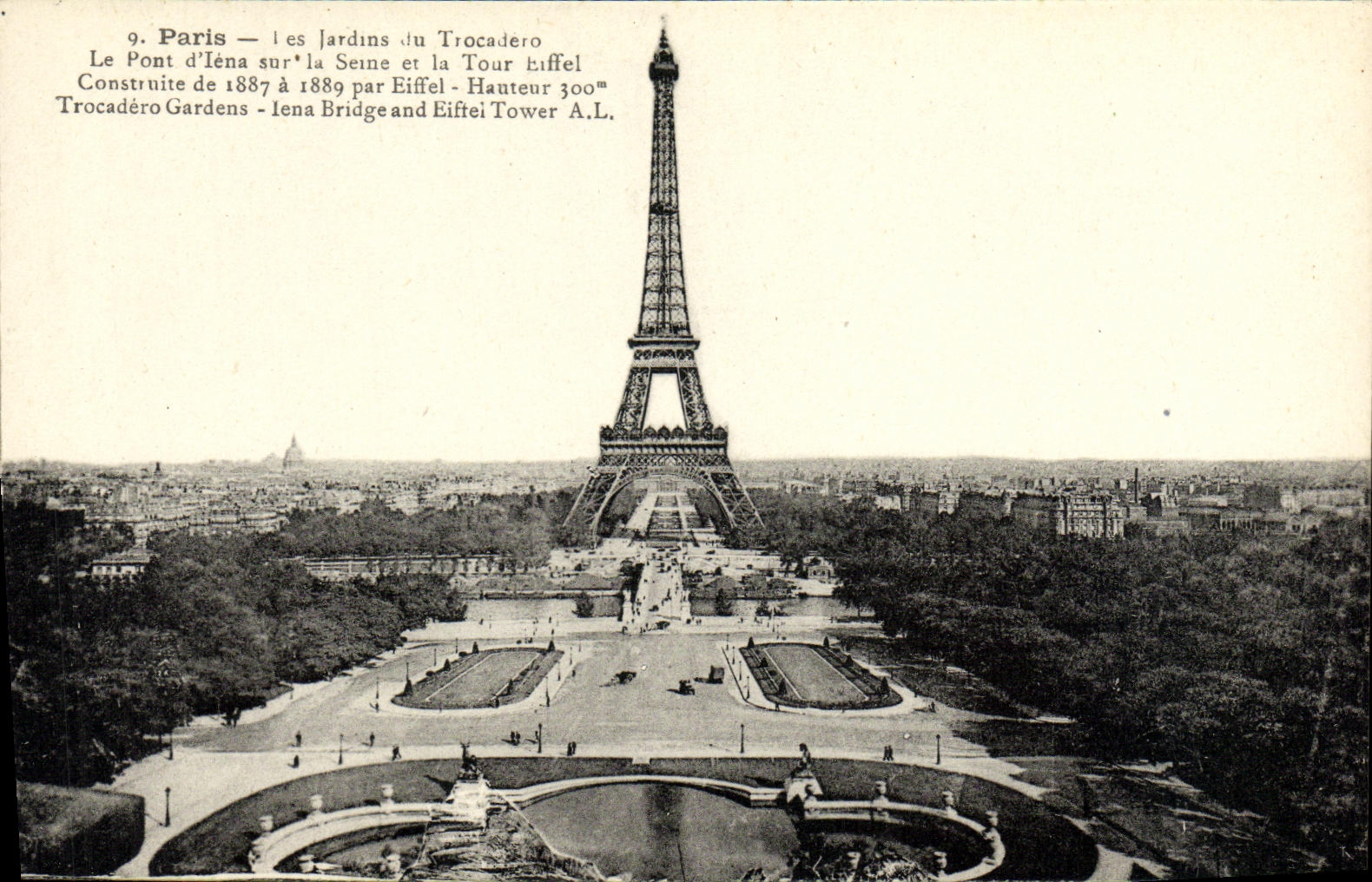 VINTAGE POSTCARD Paris gardens of Trocadero Eiffel Tower