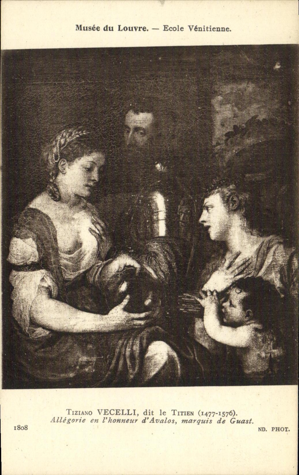 Museo de la POSTAL de la VENDIMIA de la alegoria veneciana de Ticiano Vecelli Titien de la escuela de la lumbrera en L marques de Guast del honor D Avalos