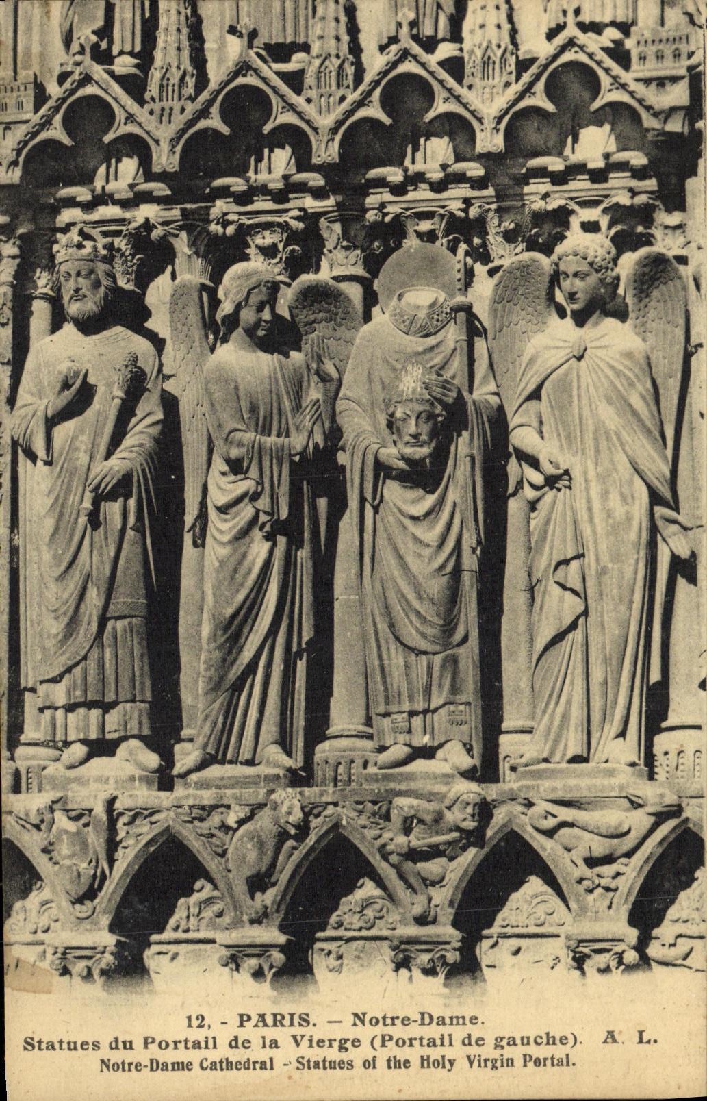 VINTAGE POSTCARD Paris Notre Dame Statues of the gate of the virgin Gate of left