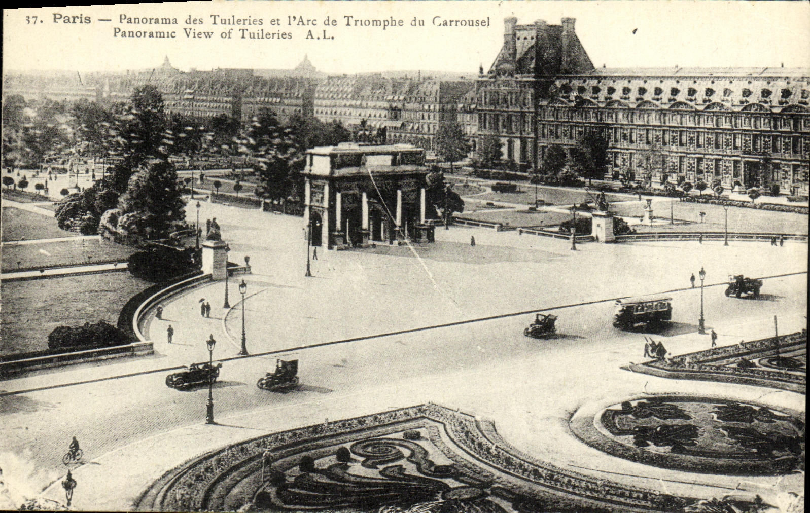 Panorama de Paris de la POSTAL de la VENDIMIA de Tileries y L arco Tromphe del carrusel