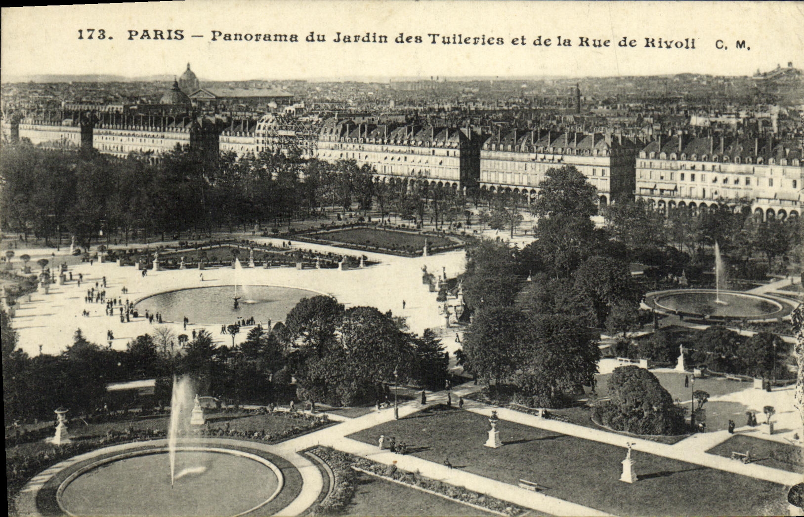 Panorama de Paris de la POSTAL de la VENDIMIA del jardin de Tulieiries y de la calle de Rivoli