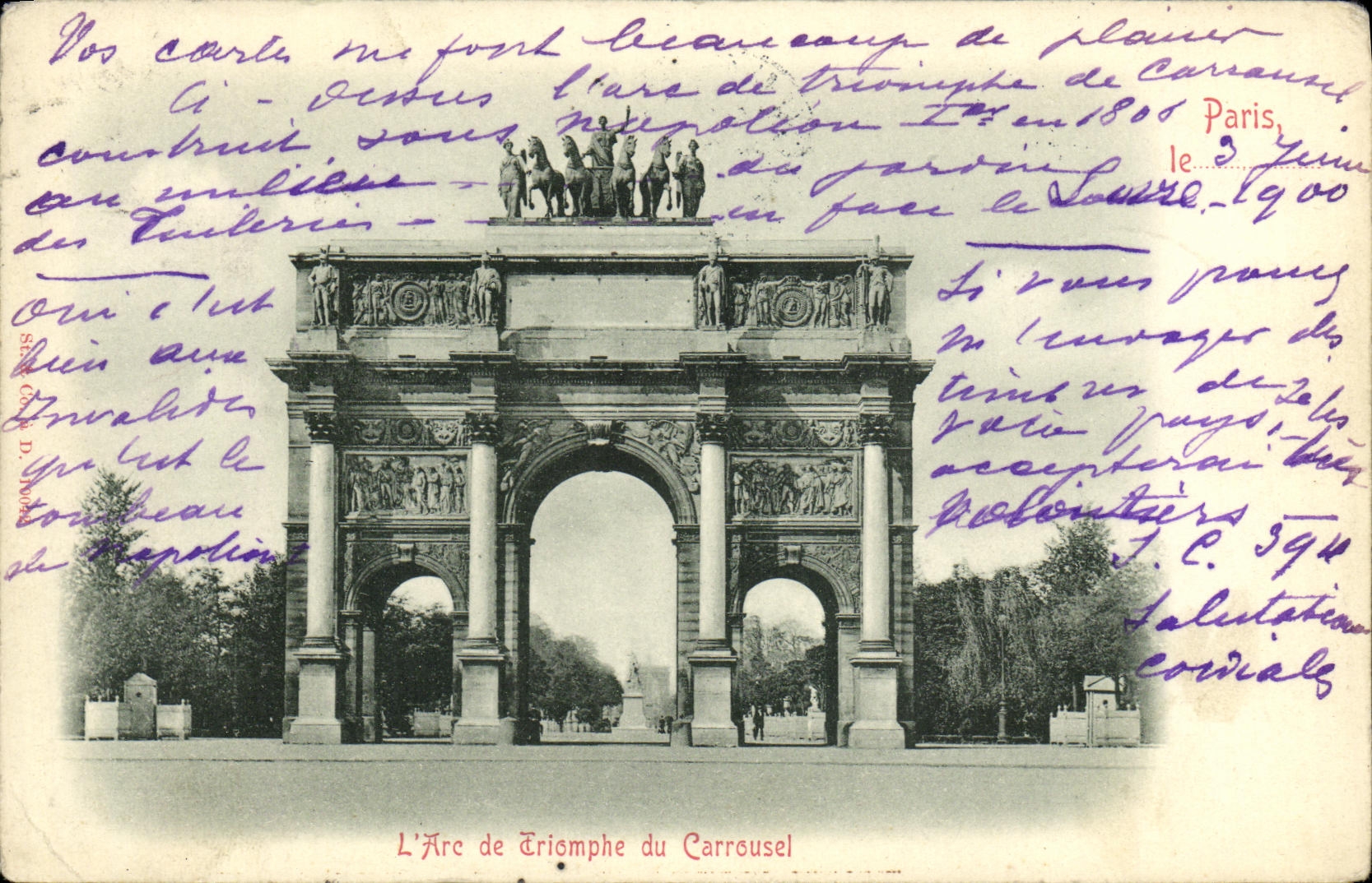 POSTAL Paris L arco de la VENDIMIA de Triemphe del carrusel