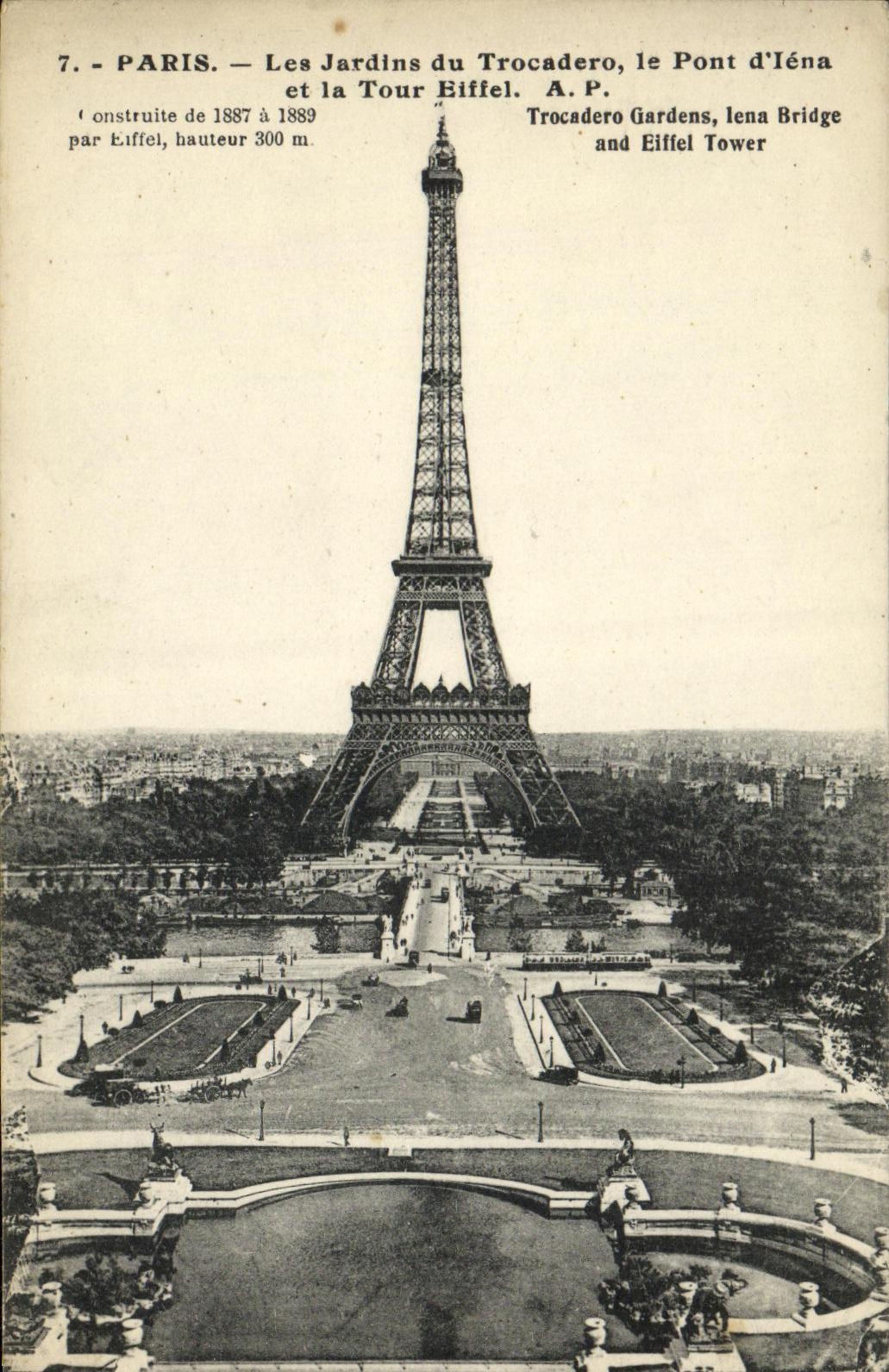 VINTAGE POSTCARD Paris Gardens of Trocadero the Bridge and the Eiffel Tower