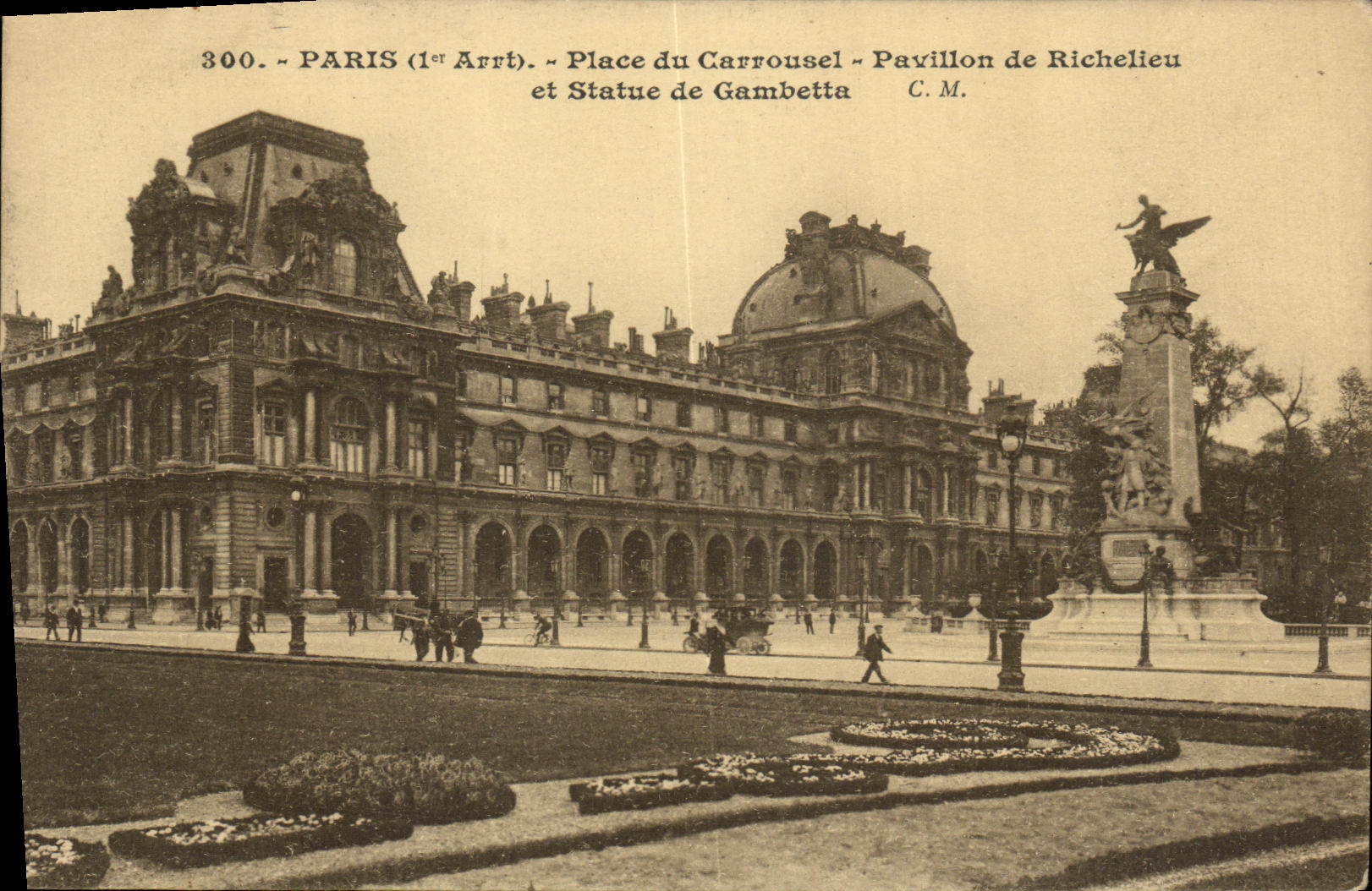 La POSTAL Paris de la VENDIMIA coloca la casa del carrusel de Richelieu y estatua de Gambetta