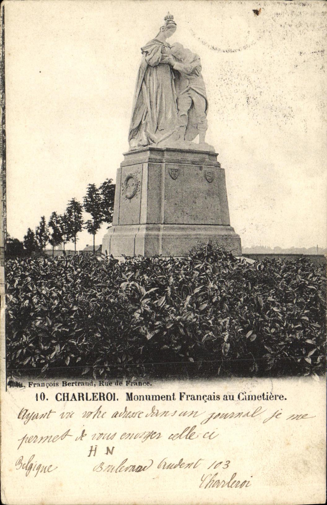 VINTAGE POSTCARD Charleroi French Monument with the Militaria Cemetery