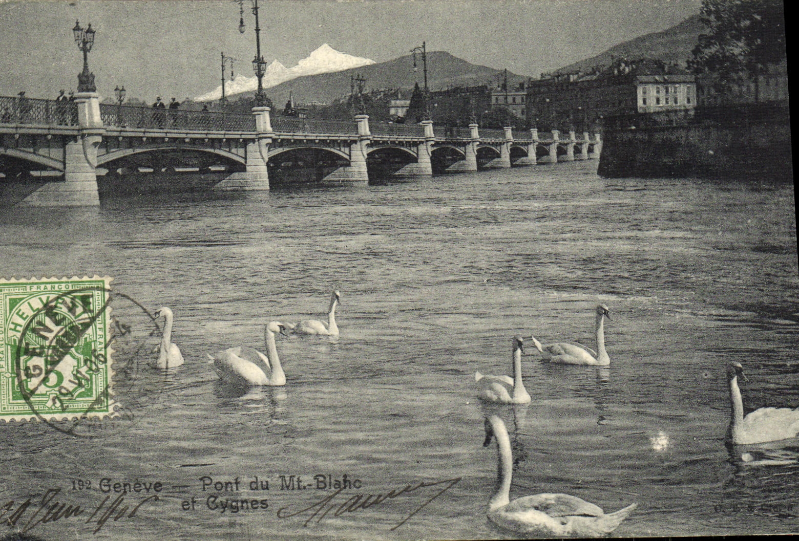 VINTAGE POSTCARD Geneva Bridge of the White MT and swans
