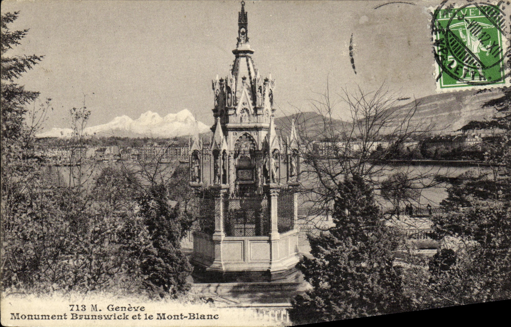 VINTAGE POSTCARD Geneva Monument Brunswick and Mont Blanc