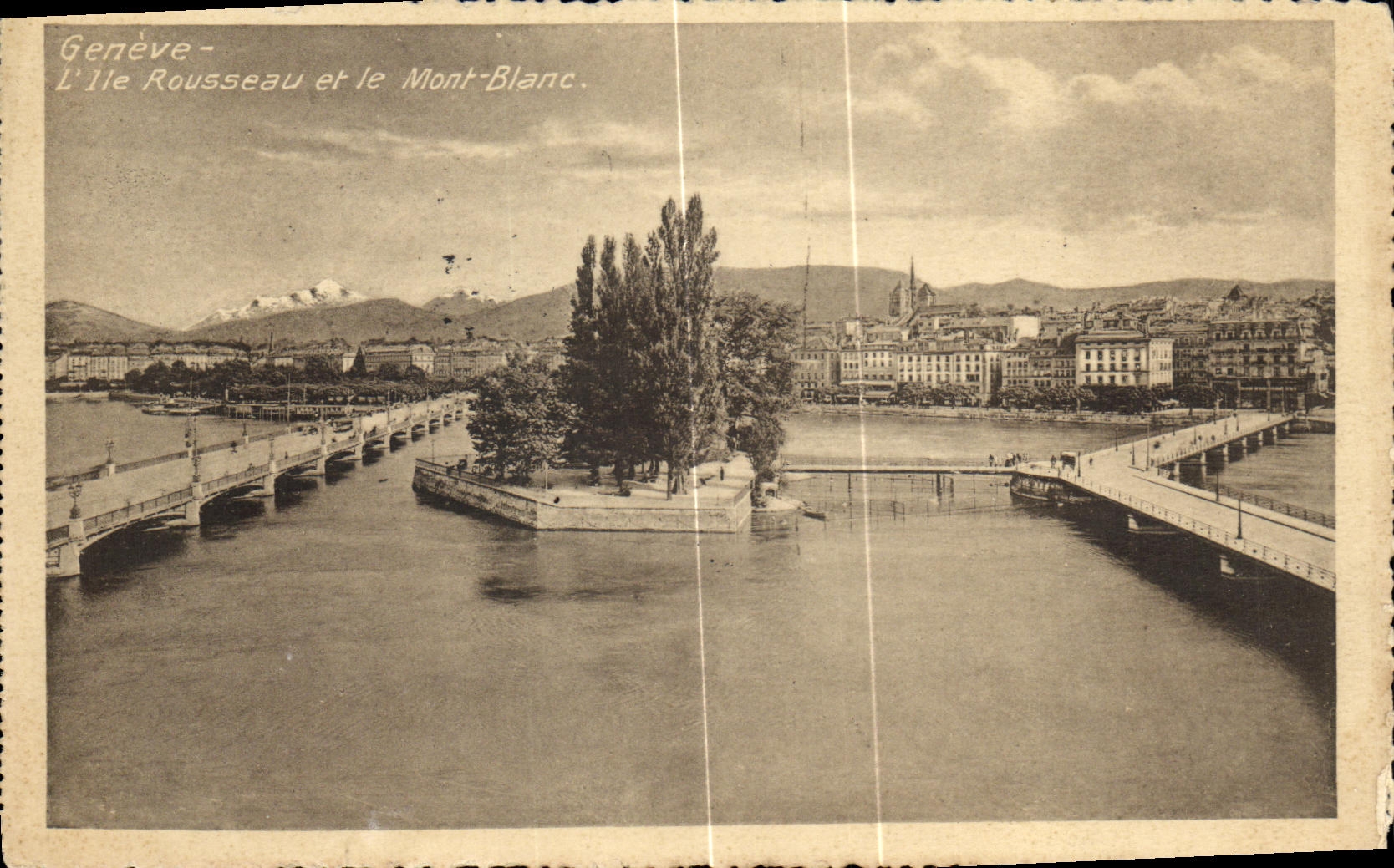 VINTAGE POSTCARD Geneva L Island Rousseau and Mont Blanc