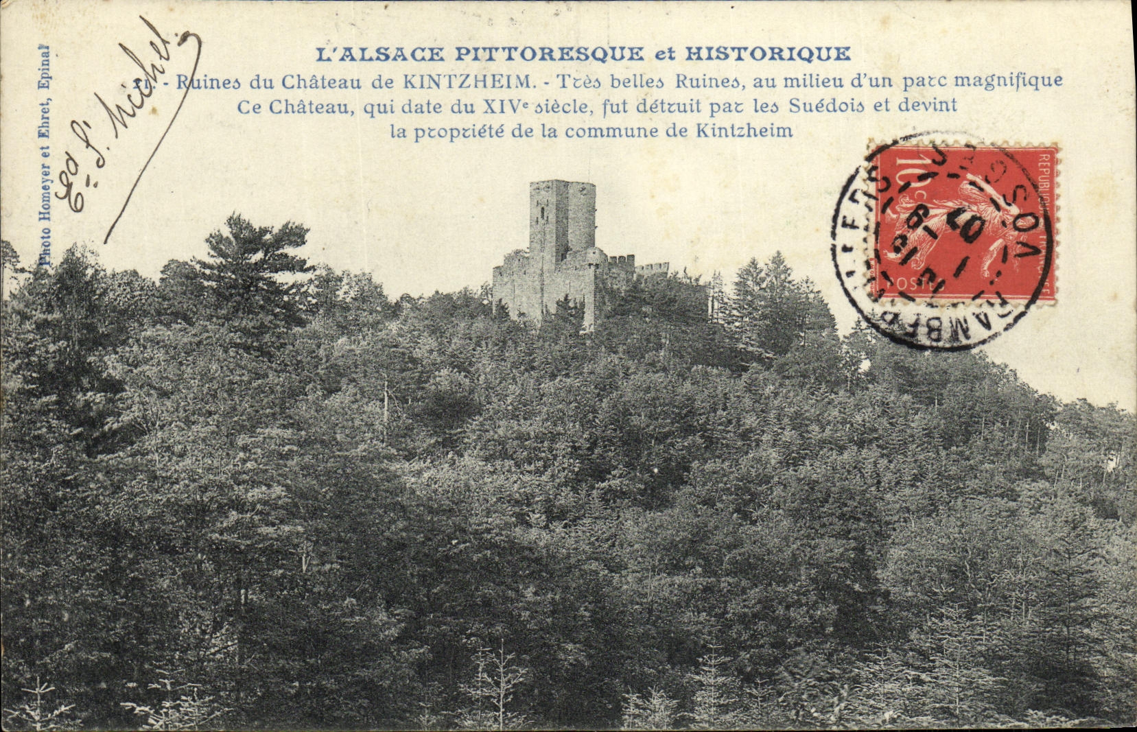 POSTAL L Alsacia Pittorseque de la VENDIMIA y ruinas de Historique del castillo de Kintzheim