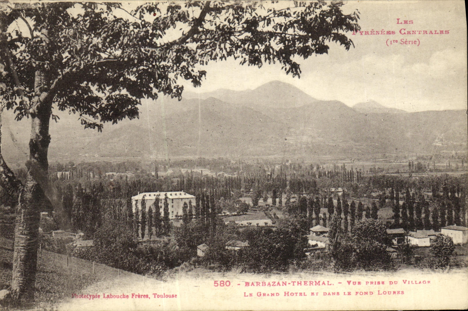 VINTAGE POSTCARD Thermal Barbazan Seen from of the Village the large hotel and in the Loures content
