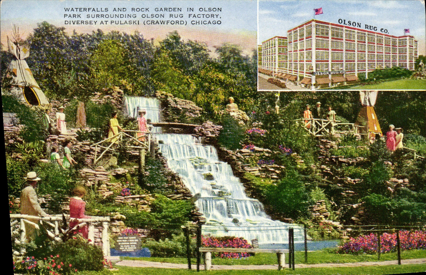 VINTAGE POSTCARD Waterfalls and Garden Rock n roll In Olson Park Surrounding Rug Factory