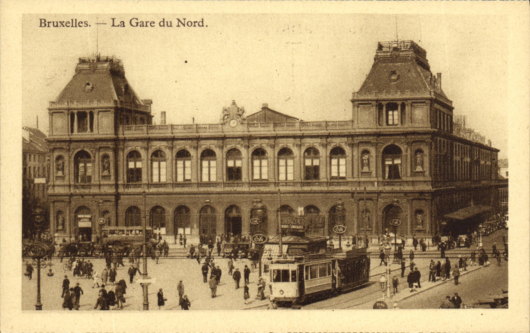 VINTAGE POSTCARD Brussels Train station of North Tram