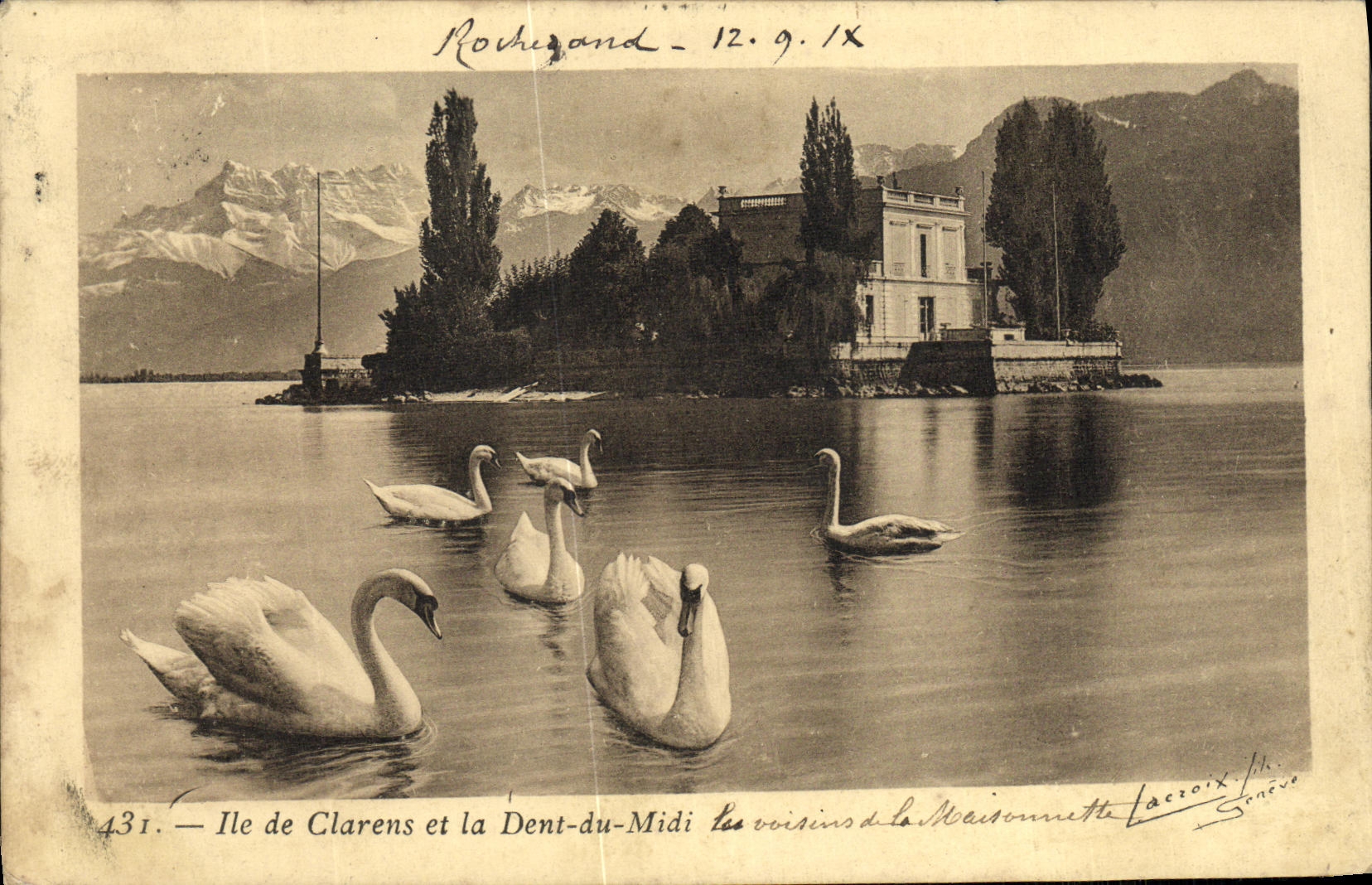 VINTAGE POSTCARD Island of Clarens and Dent du midi Swans