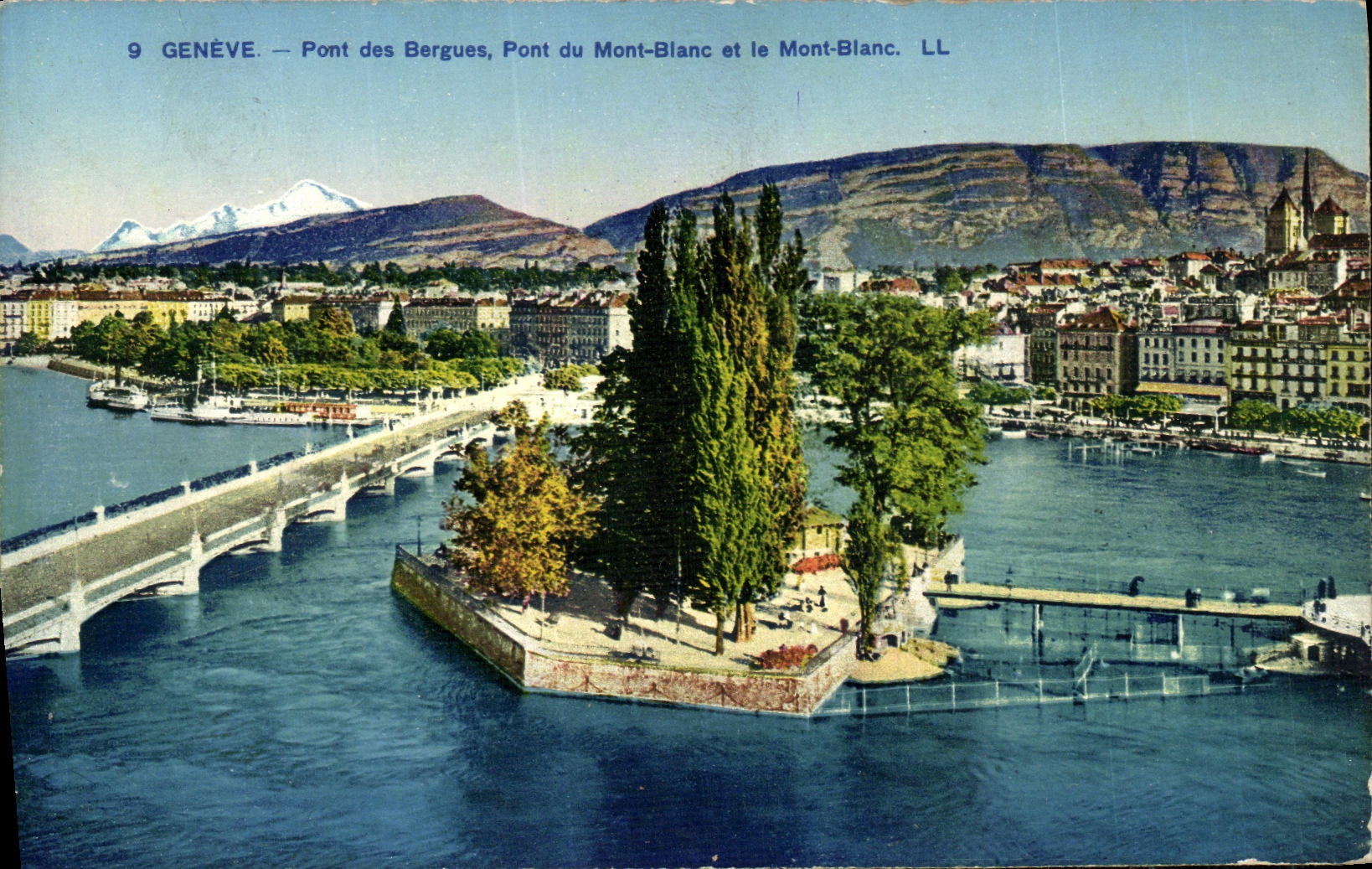 VINTAGE POSTCARD Geneva Bridge of Bergues Bridge of Mont Blanc and Mont Blanc