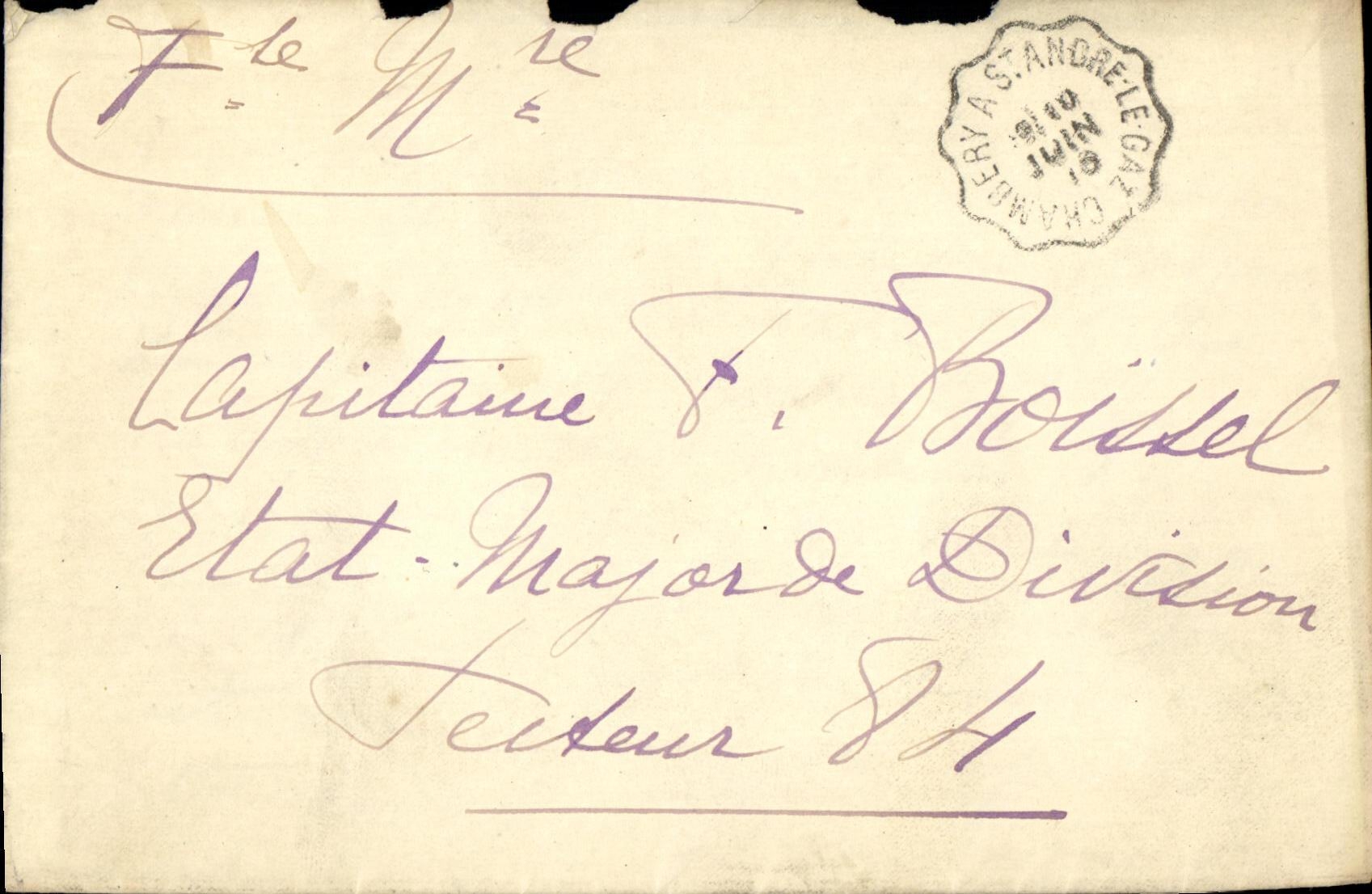 Lettre Chambery has St Andre Boissel 1918