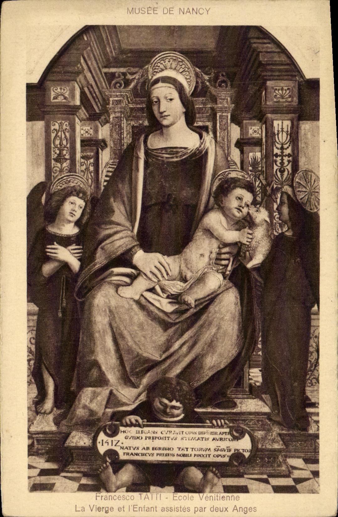 La escuela veneciana de Franceseo Tatti de la POSTAL de la VENDIMIA la virgen y el L nino asiste por dos angeles