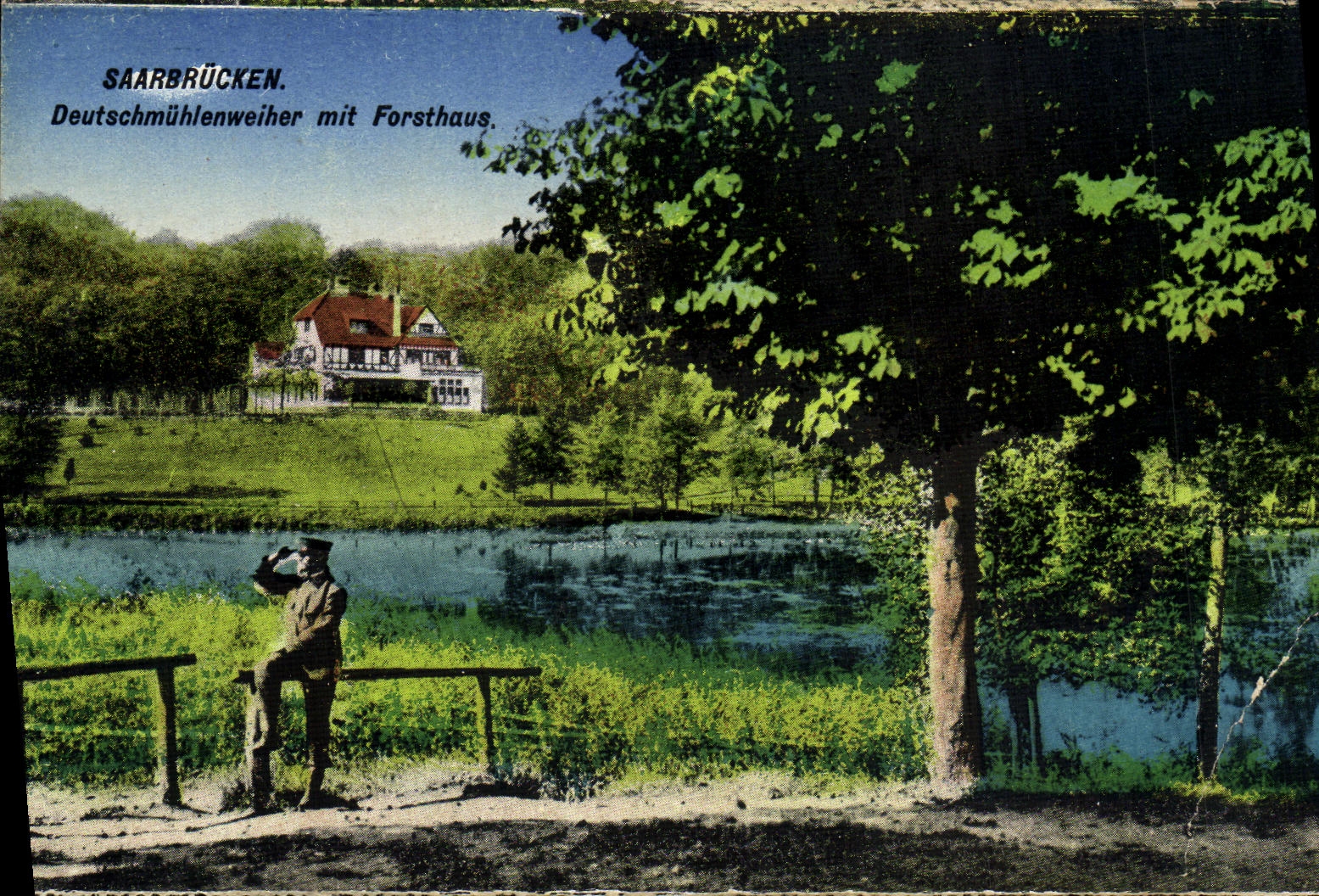 VINTAGE POSTCARD Saarbrucken Deutschmuhlenweiher MIT Forsthaus