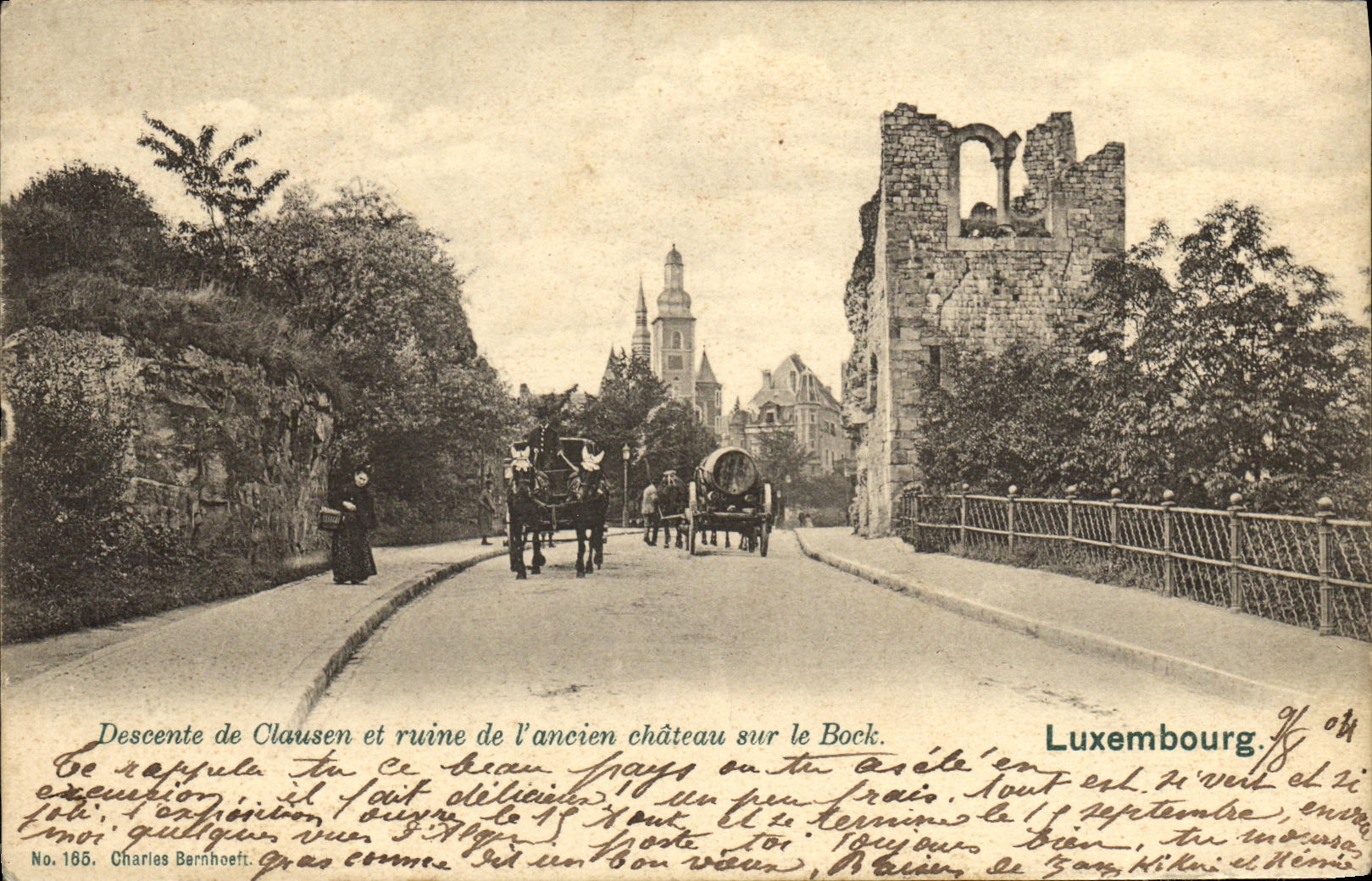 VINTAGE POSTCARD Descent of Clausen and ruin of L Old Castle on the Luxembourg Glass of bier