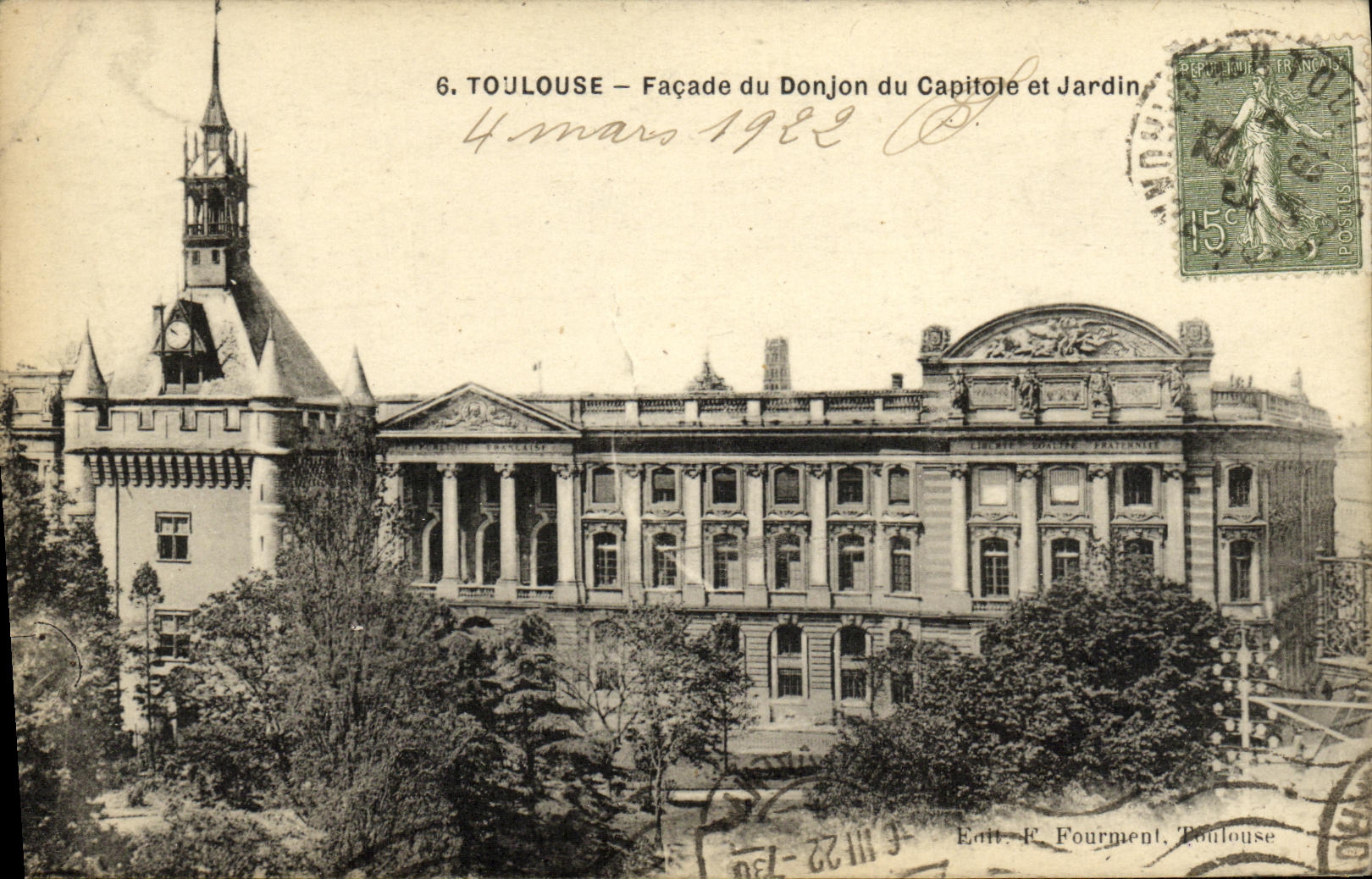 Ataque frontal de Toulouse de la POSTAL de la VENDIMIA de la subsistencia de Capitole y de Jardin