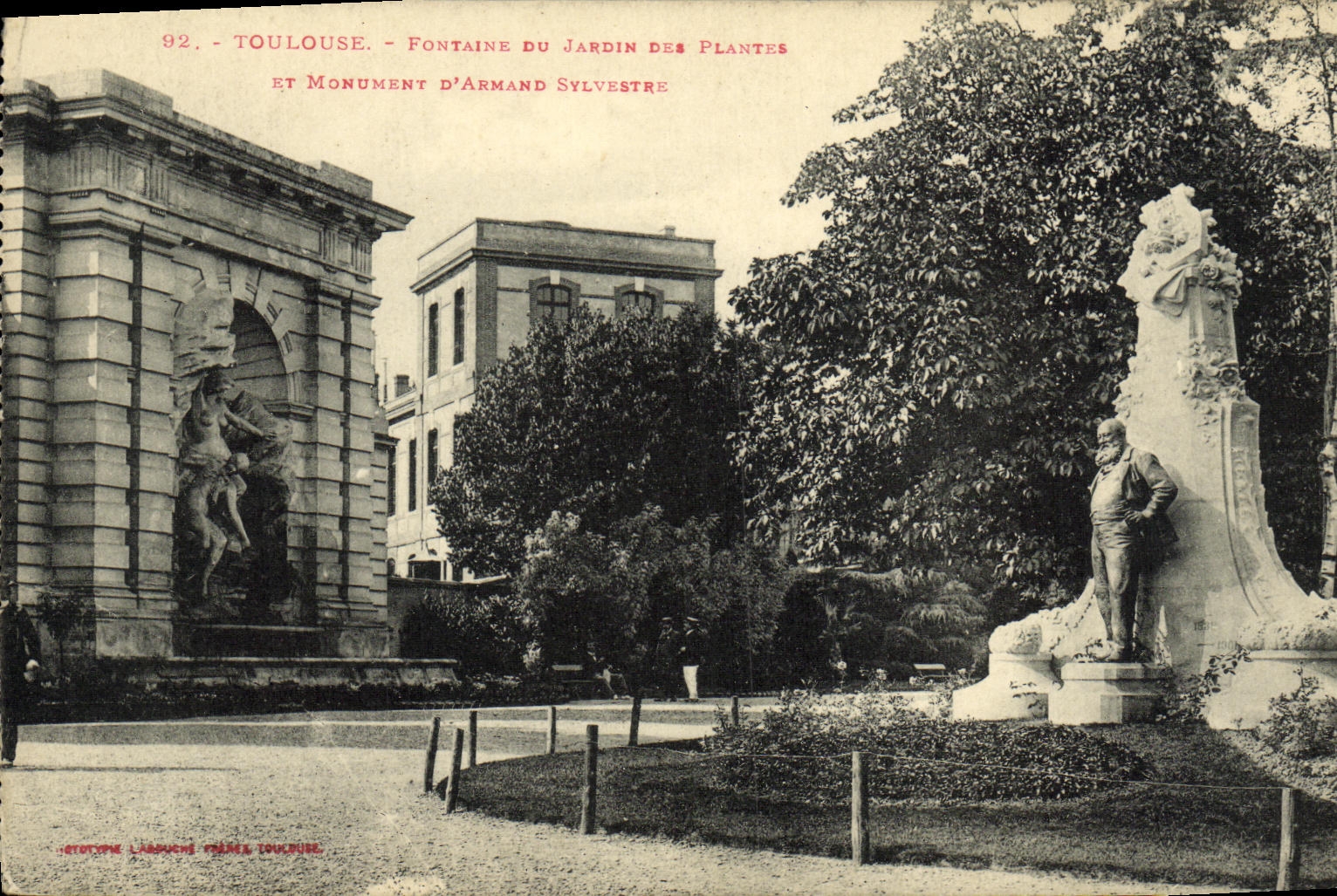 Fuente de Toulouse de la POSTAL de la VENDIMIA del jardin botanico y del monumento D Armand Silvestre