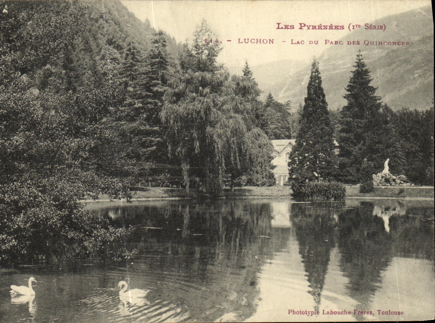 VINTAGE POSTCARD Luchon Lake Of the Park Of the Quincunxes Swans