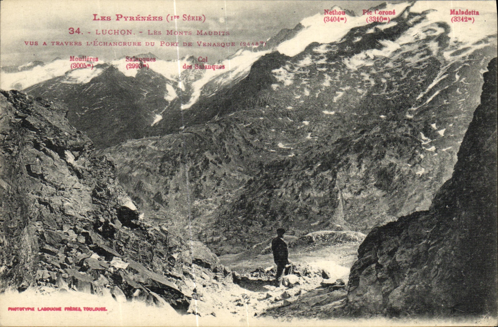 VINTAGE POSTCARD Luchon cursed mounts seen through L notch of the Port of Venasque