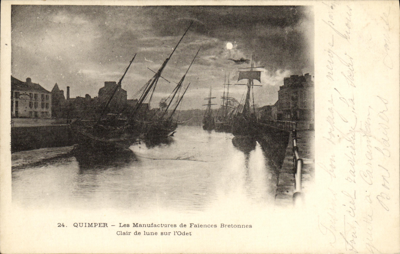 VINTAGE POSTCARD Quimper Breton Manufactures of Falences Moonlight on L Odet Boats