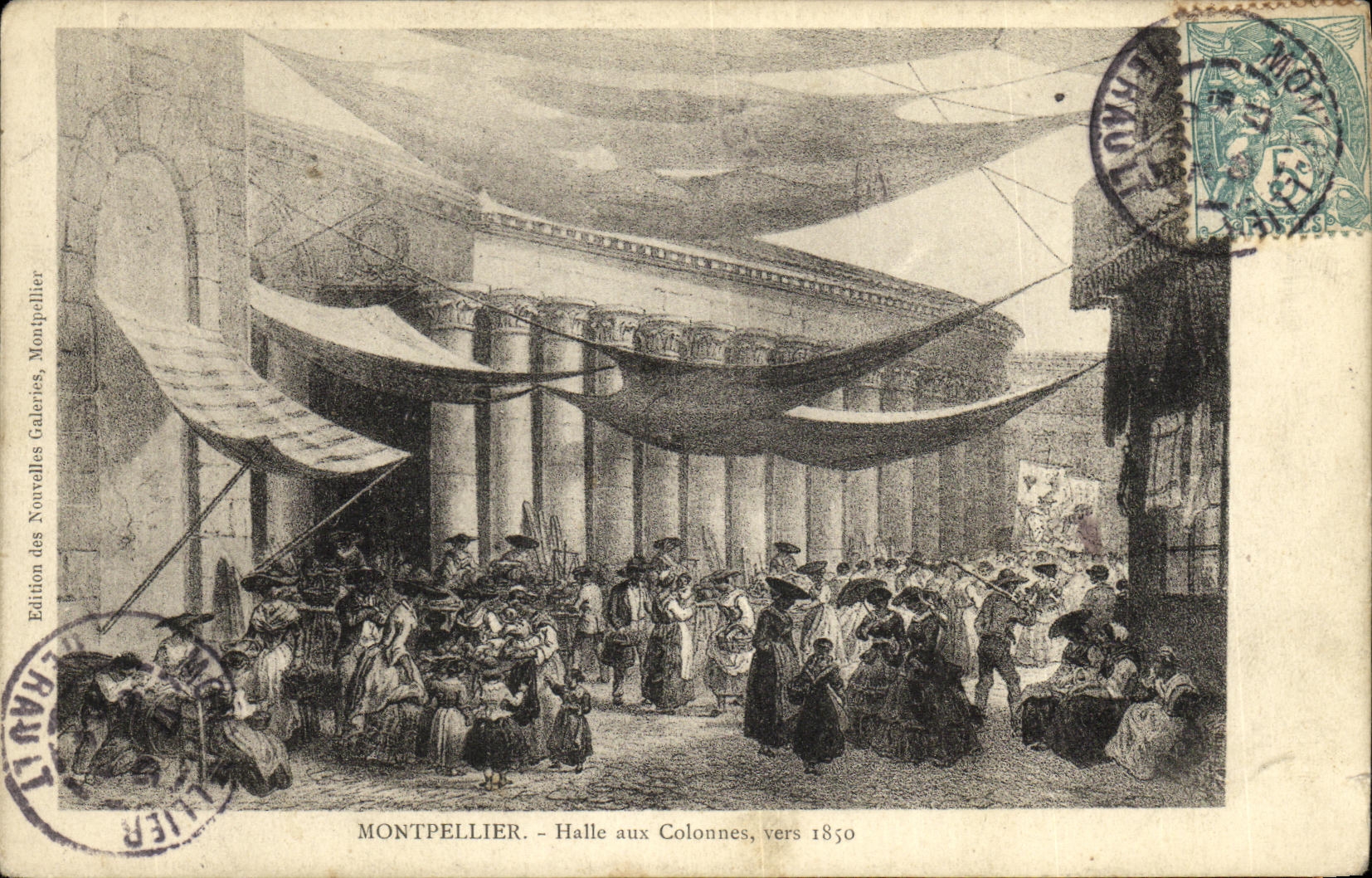 Mercado de Montpellier de la POSTAL de la VENDIMIA con las columnas cerca de 1850