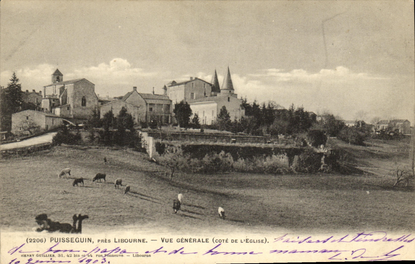 VINTAGE POSTCARD Puisseguin close Libourne View Dimension of L church