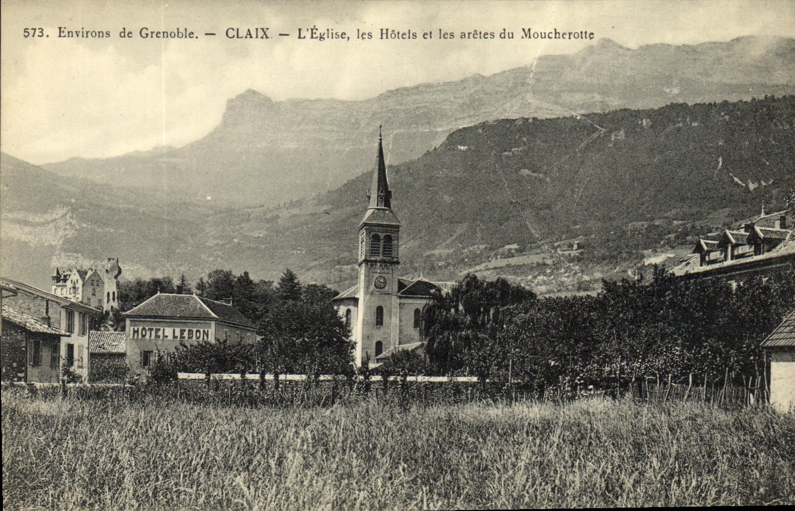 VINTAGE POSTCARD Surroundings of Grenoble Claix L Church Hotels and edges of Moucherotte Lebon Hotel