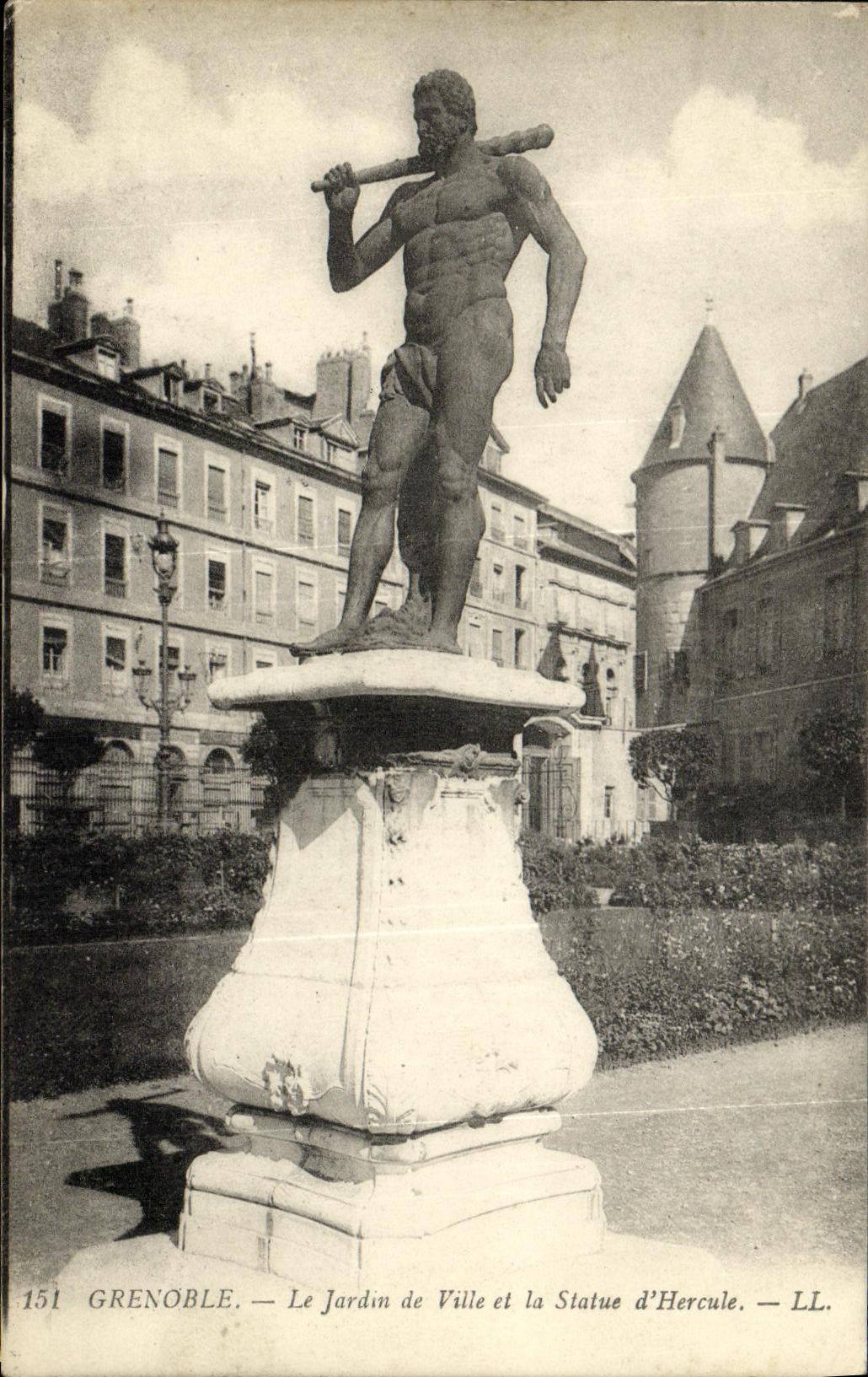 POSTAL Grenoble de la VENDIMIA el jardin de la ciudad y estatua de la D Hercules