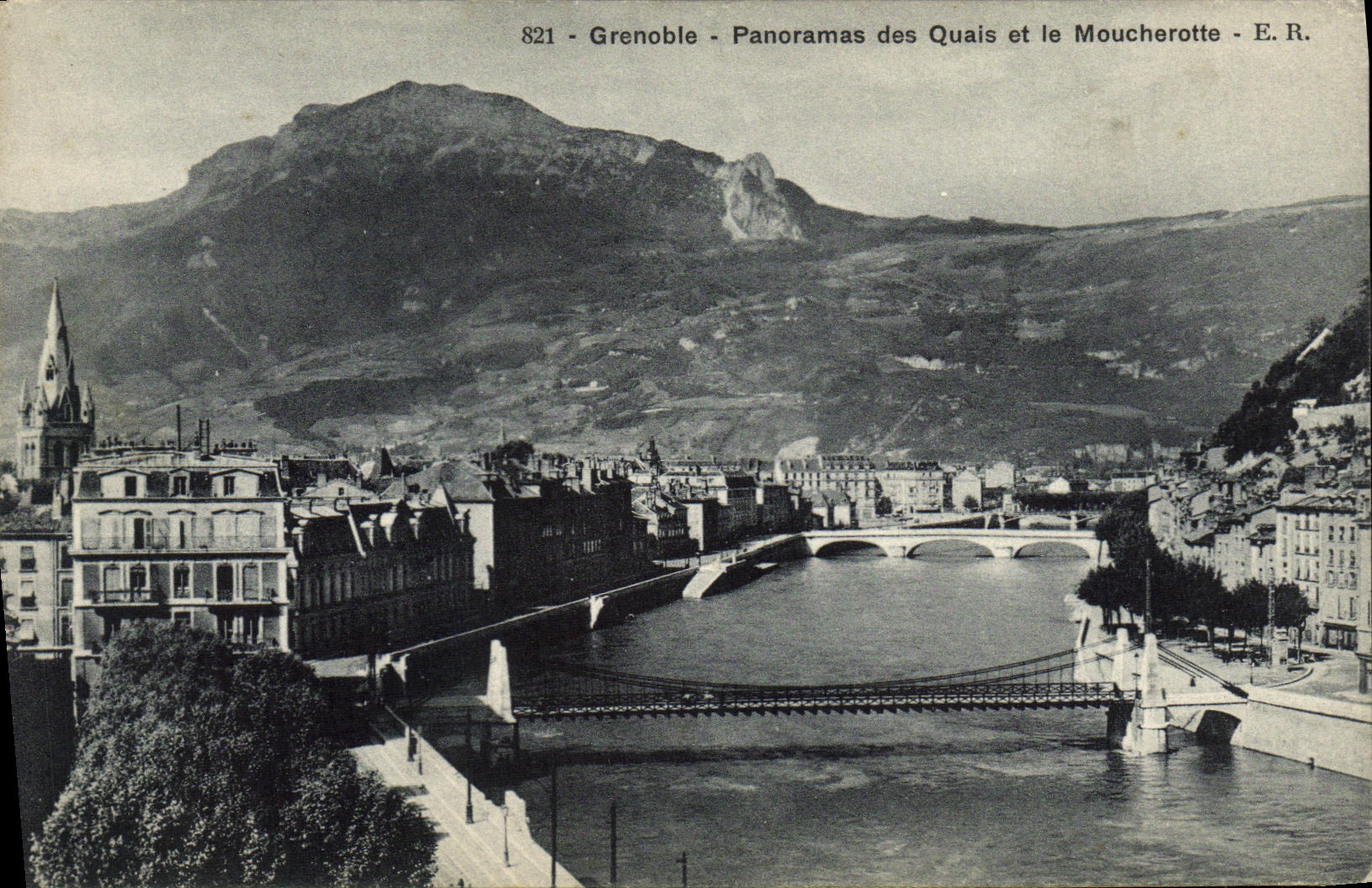 Panoramas de Grenoble de la POSTAL de la VENDIMIA de los muelles y del Moucherotte
