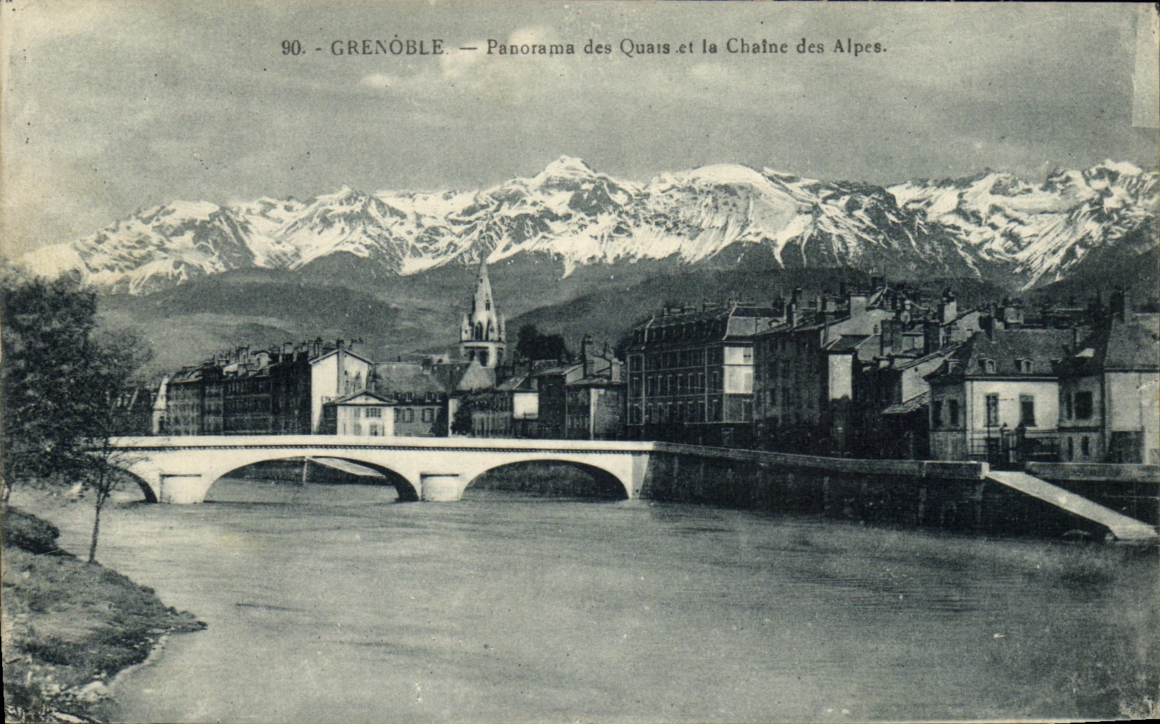 Panorama de Grenoble de la POSTAL de la VENDIMIA de los muelles y de las cadenas de las montanas