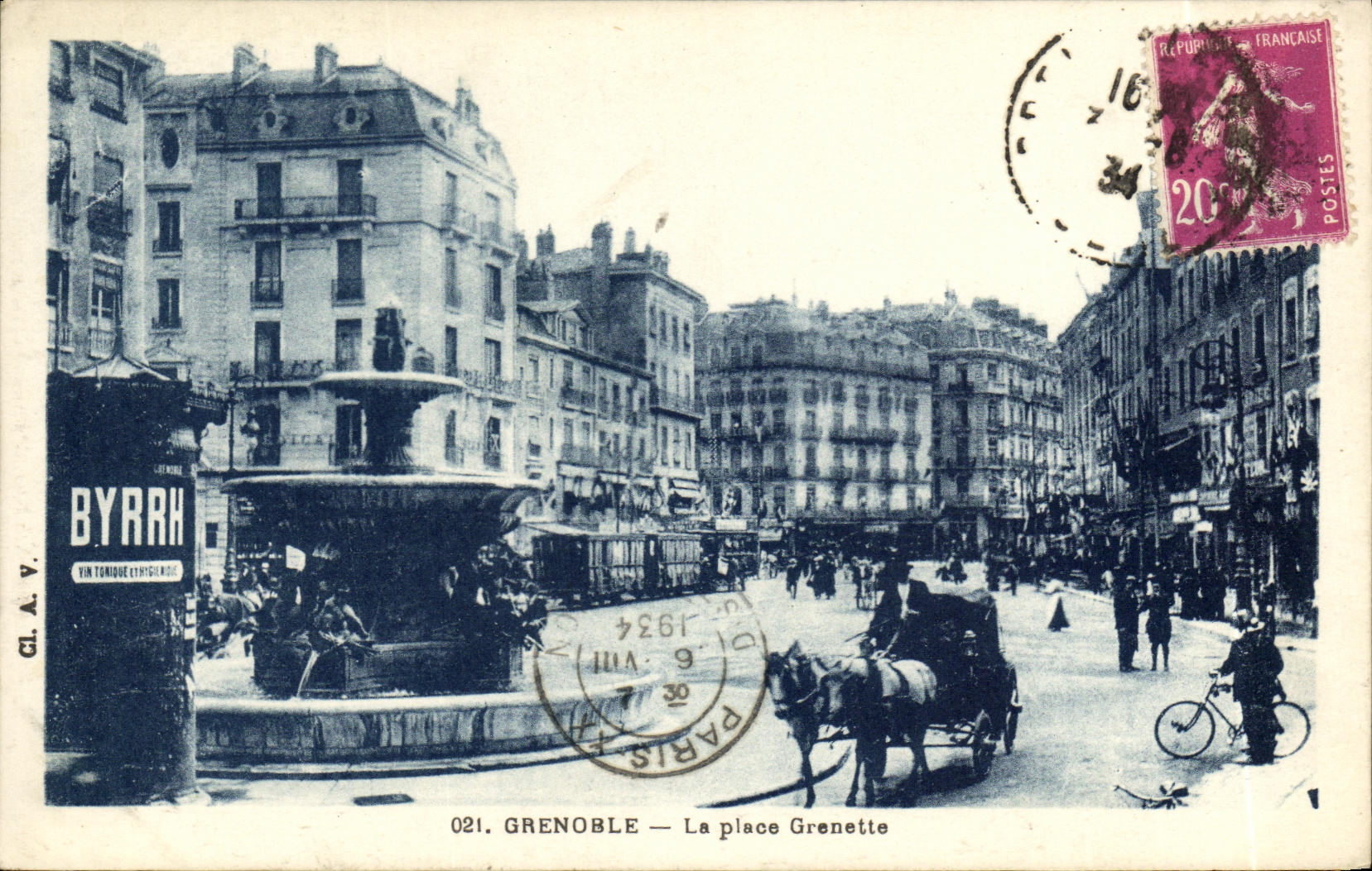 VINTAGE POSTCARD Grenoble the Place Grenette Byrrh Tram