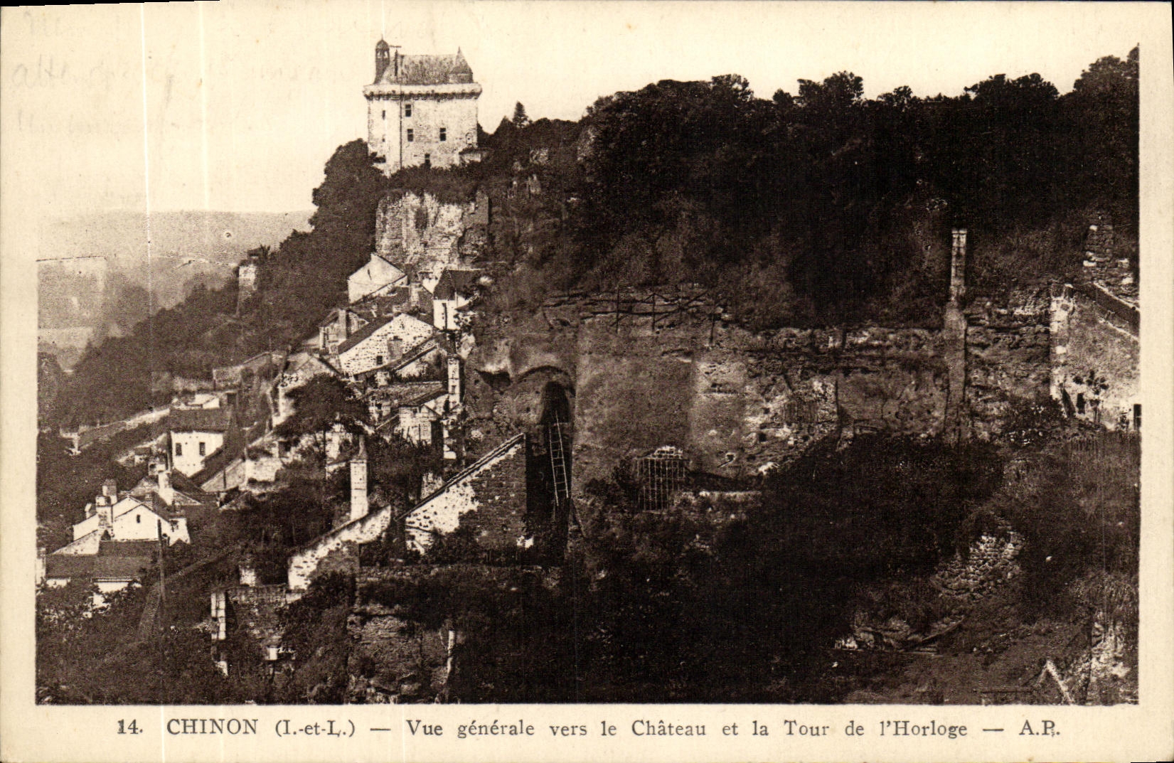 VINTAGE POSTCARD Chinon View Towards the Castle and the Tower of L Clock