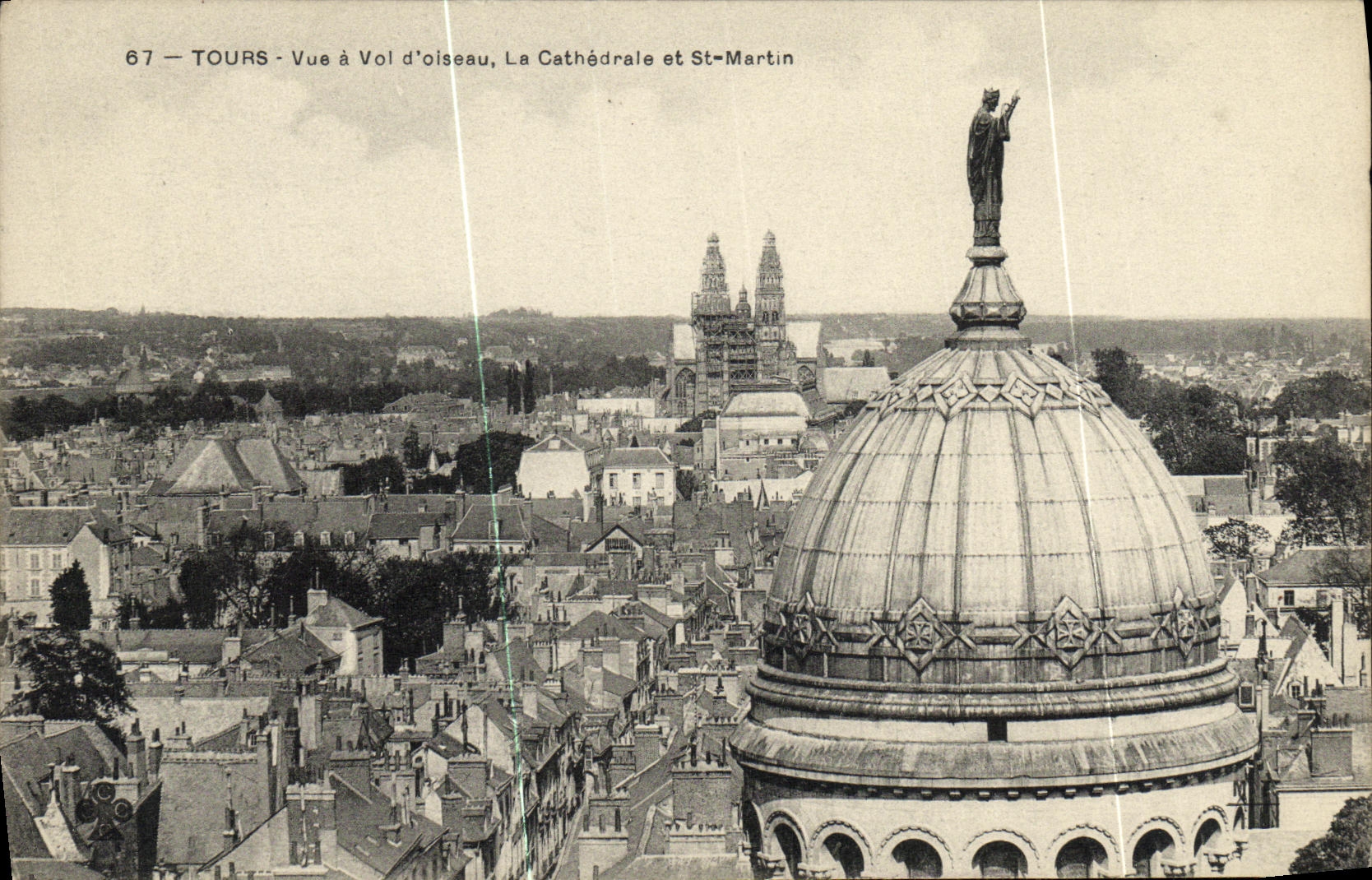 VINTAGE POSTCARD Tours Seen has Vol D Olseau the Cathedral And St Martin
