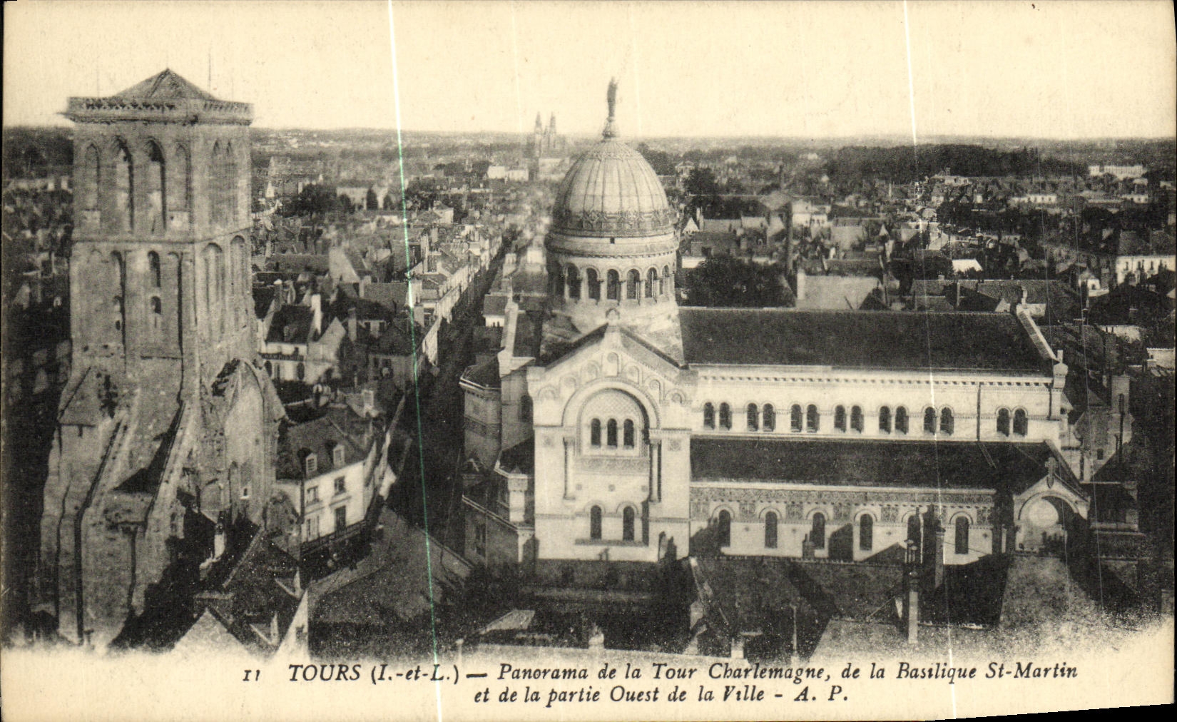 VINTAGE POSTCARD Tours Panorama of the Charlemagne Tower of the Basilica St Martin and the Western part of the city