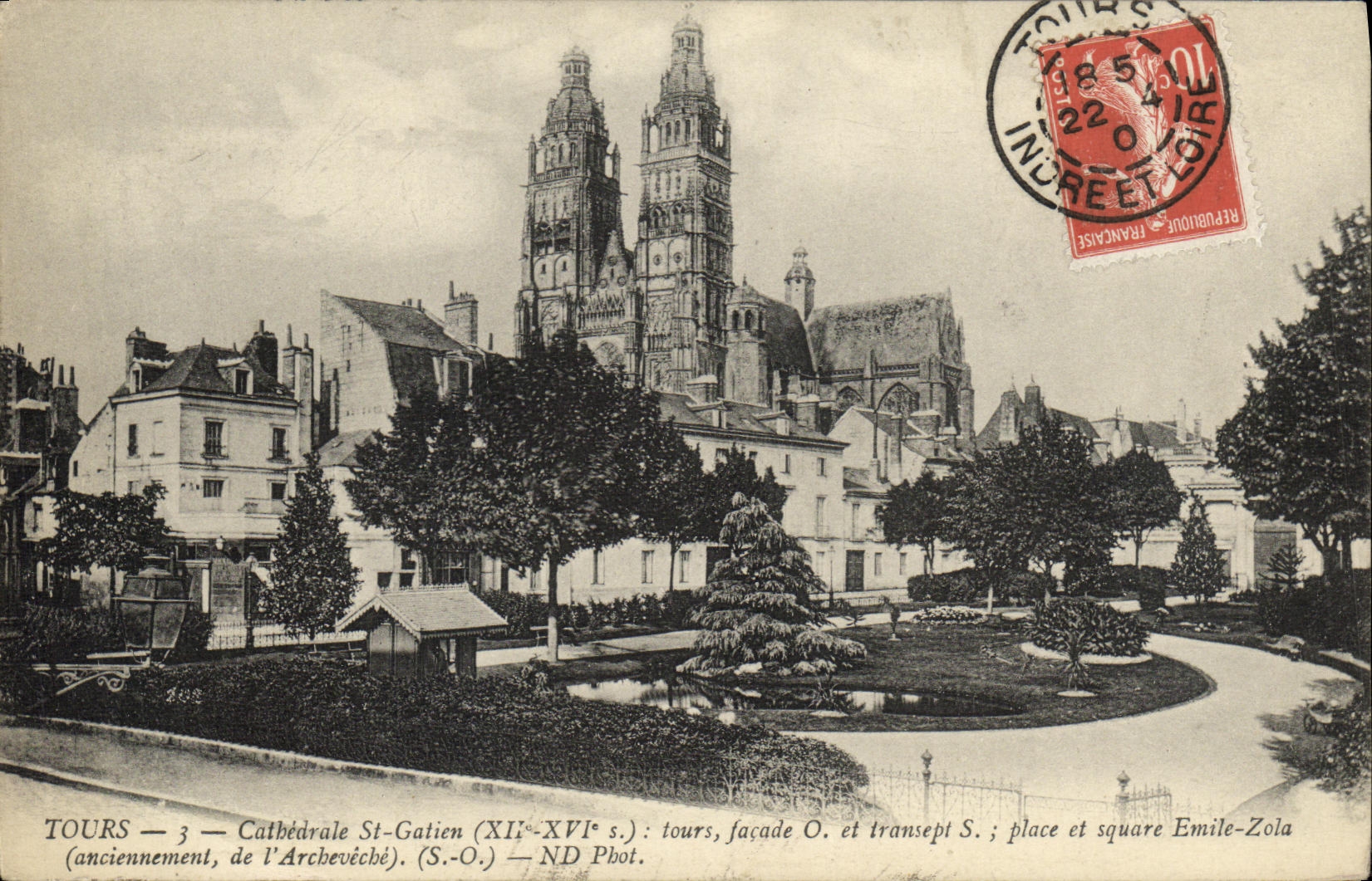VINTAGE POSTCARD Tours Cathedral St Gatien Public garden Emile Zola