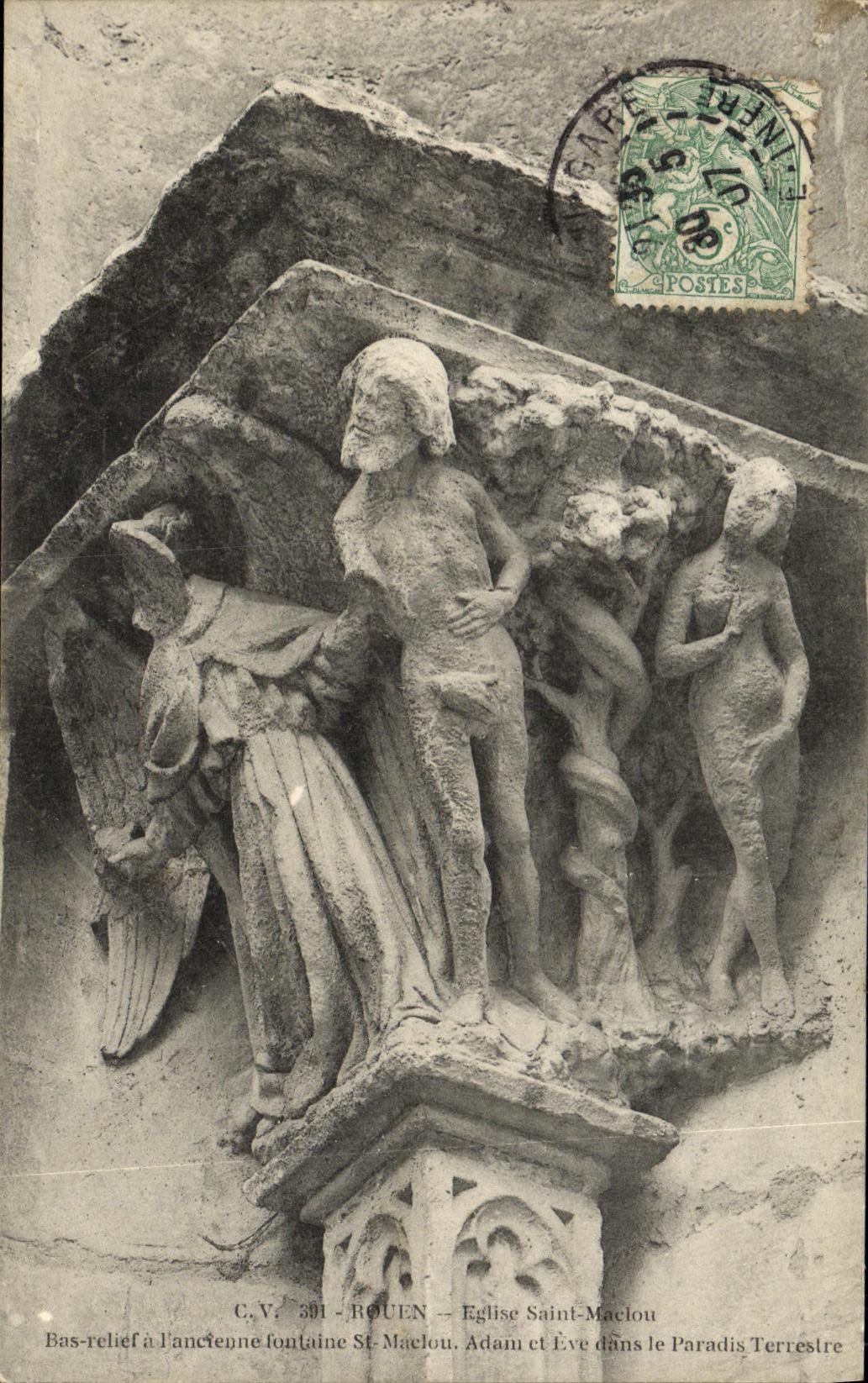 VINTAGE POSTCARD Rouen Eglise St maclou Bas relief has L old fountain St maclou Adam and Eve in the paradise terrrestre