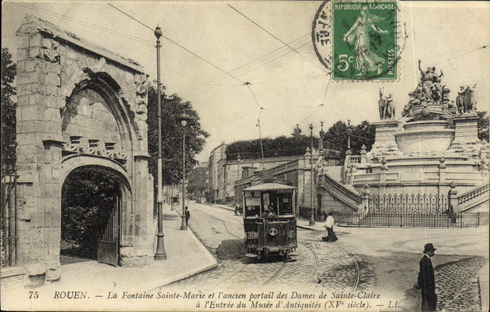 VINTAGE POSTCARD Rouen the Fountain Sainte Marie and L Old Gate of the Ladies of Sainte Claire has L entered of the museum Tramway antiquities