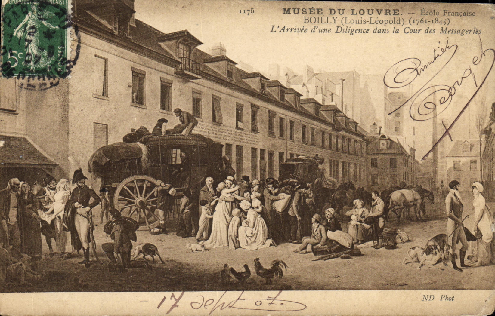 VINTAGE POSTCARD Paris Museum Of Louvre French School Boilly Arrived D a diligence in the court of the transport