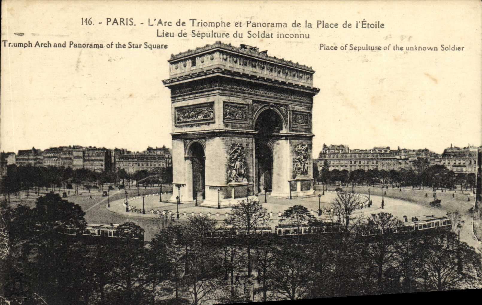 VINTAGE POSTCARD Paris L Arc de Triomphe and Panorama of the Place of Place of Sepulrure