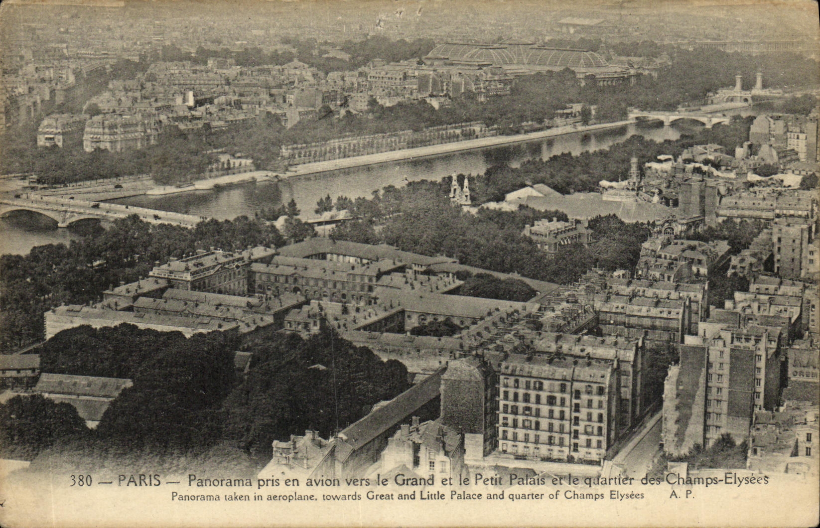 VINTAGE POSTCARD Paris Panorama Taken in the Plane Towards the Large one and the Small palace and the district of the Champs Elysees
