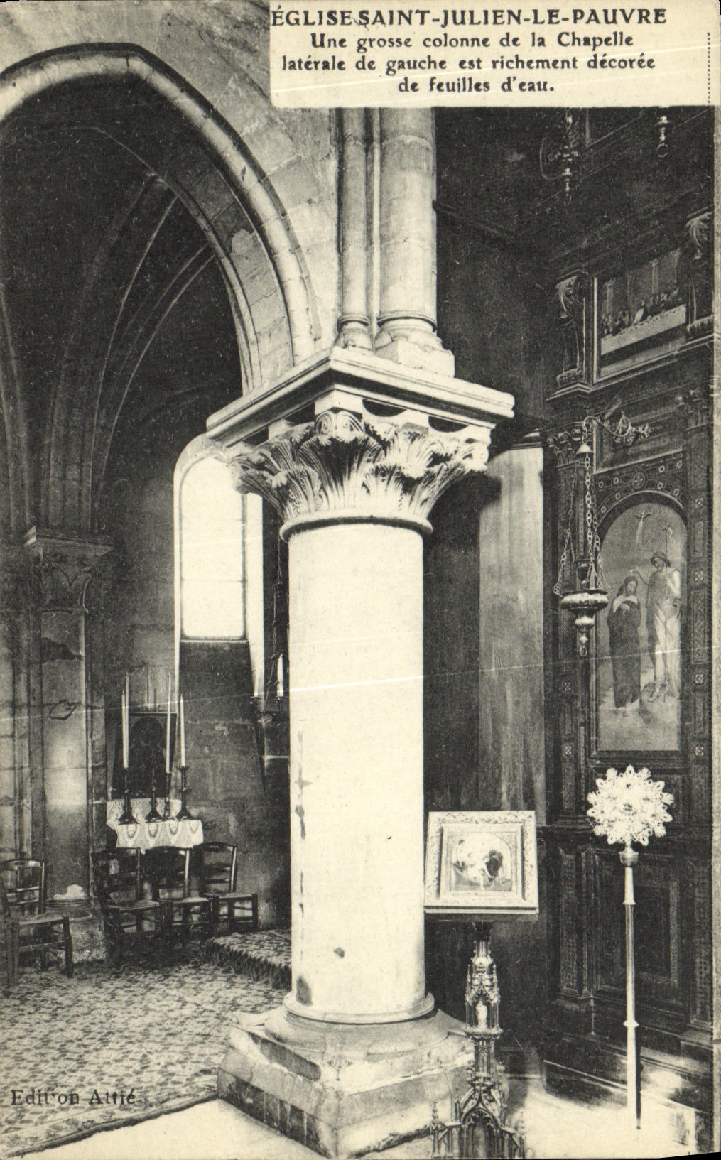 VINTAGE POSTCARD Paris Church Julien Saint Poor large column of the vault